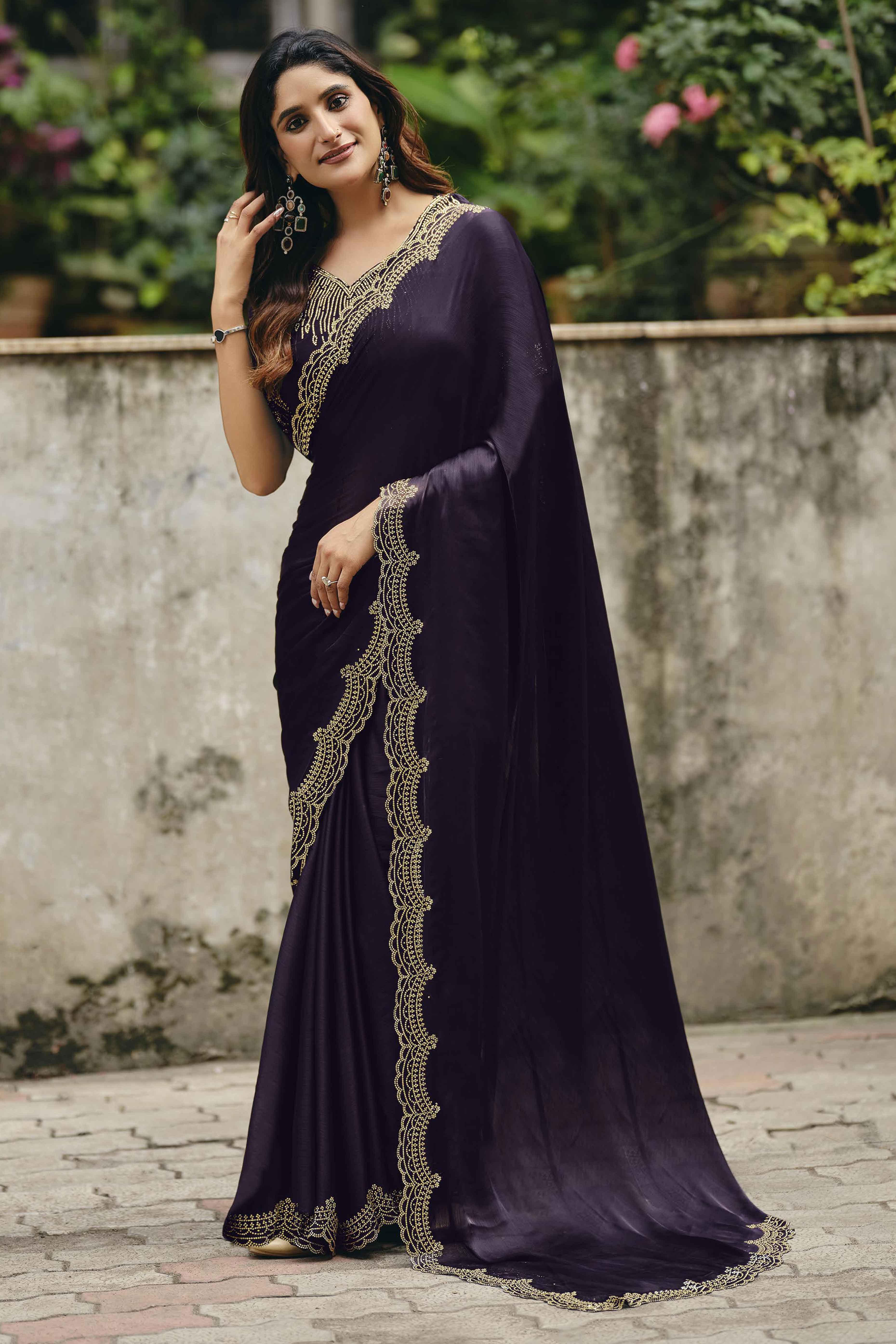 Deep Purple Stone Work Embellished Satin Saree for Glamorous Party Look
