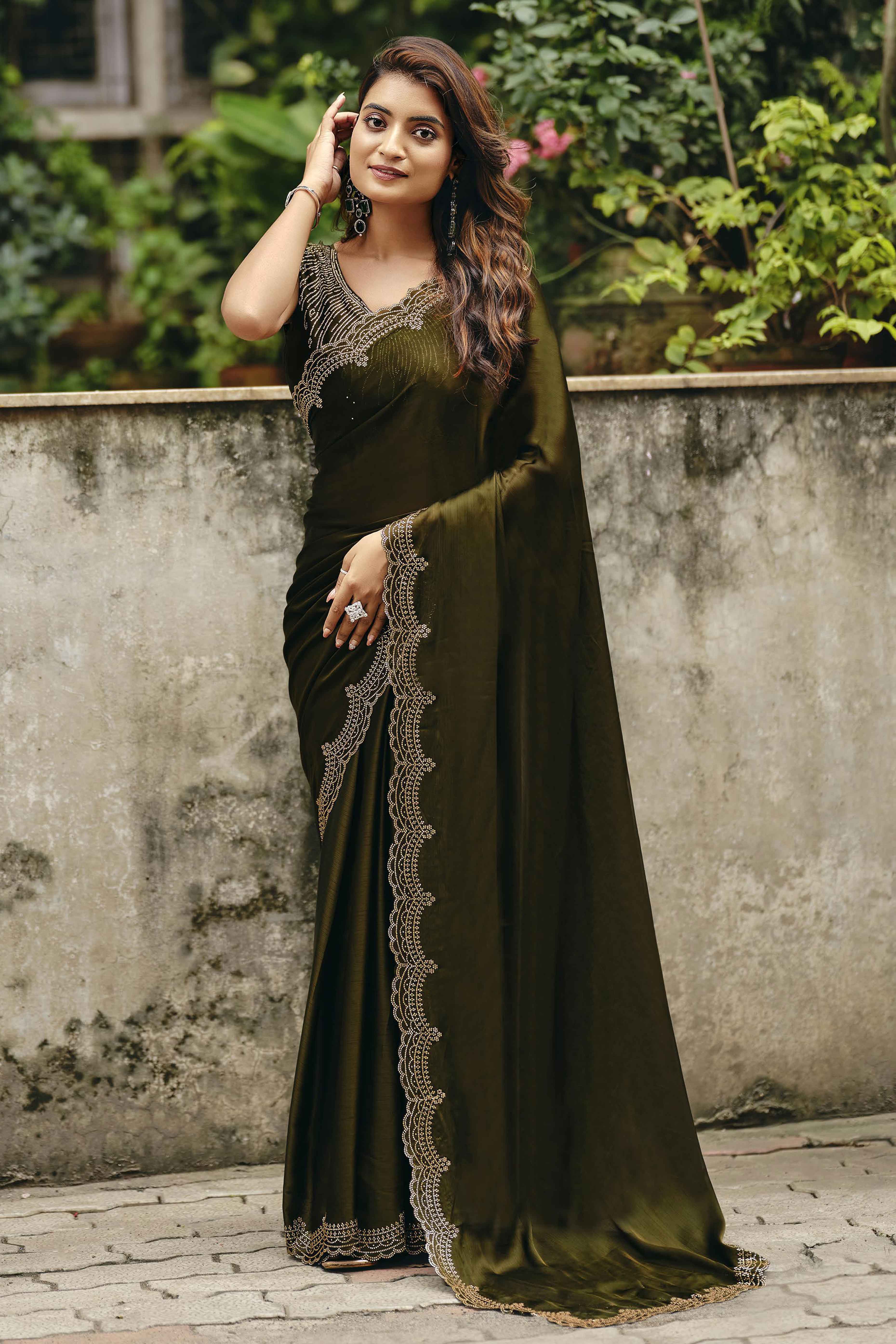 Mehendi Green Stone Work Embellished Satin Saree for Glamorous Party Look