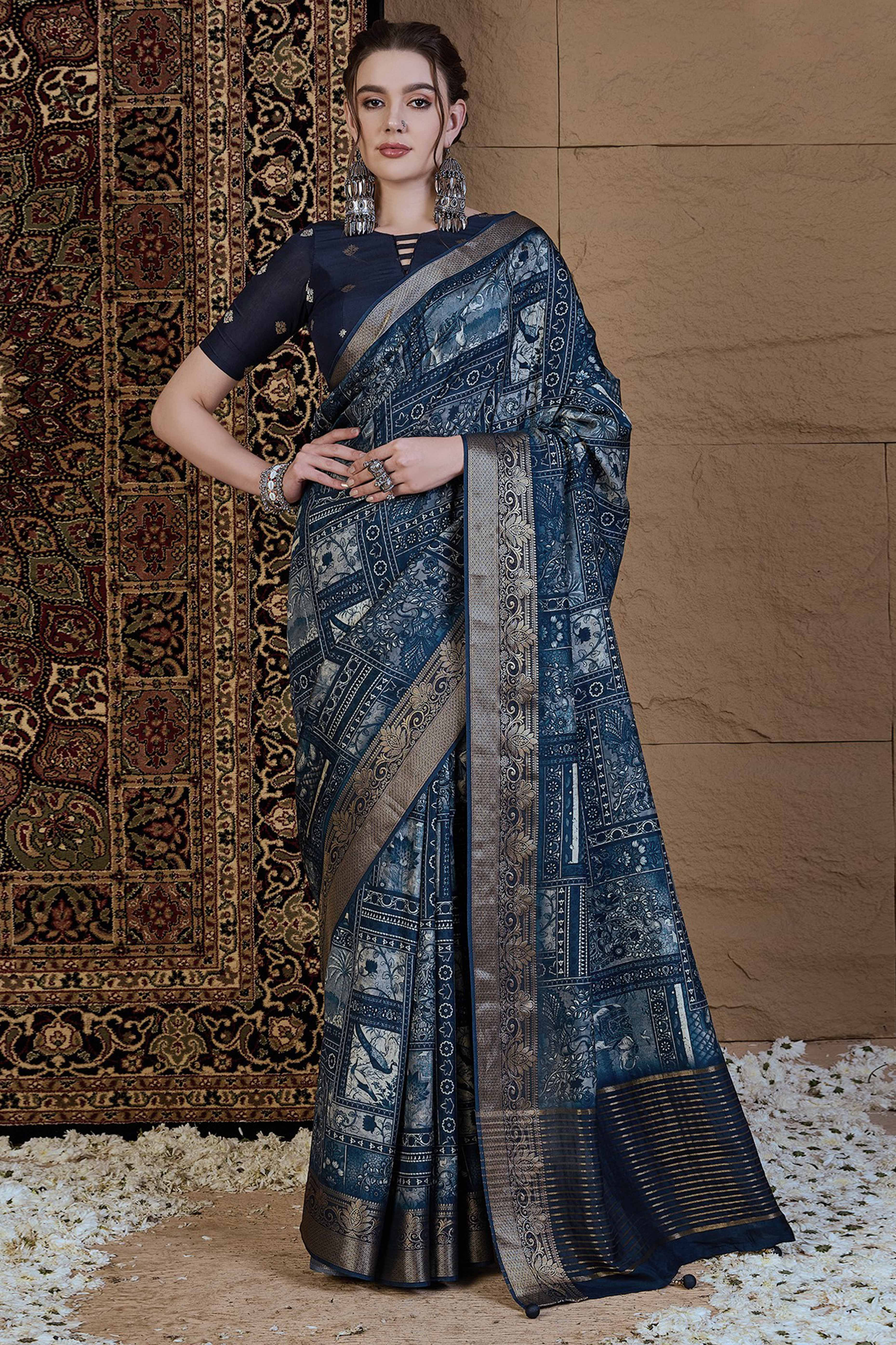 Blue Viscose Saree Featuring Delicate Floral Prints and a Rich Zari Border