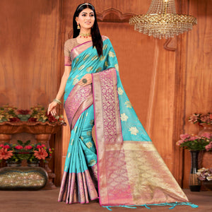 Blue Floral Woven Art Silk Saree With Tassels