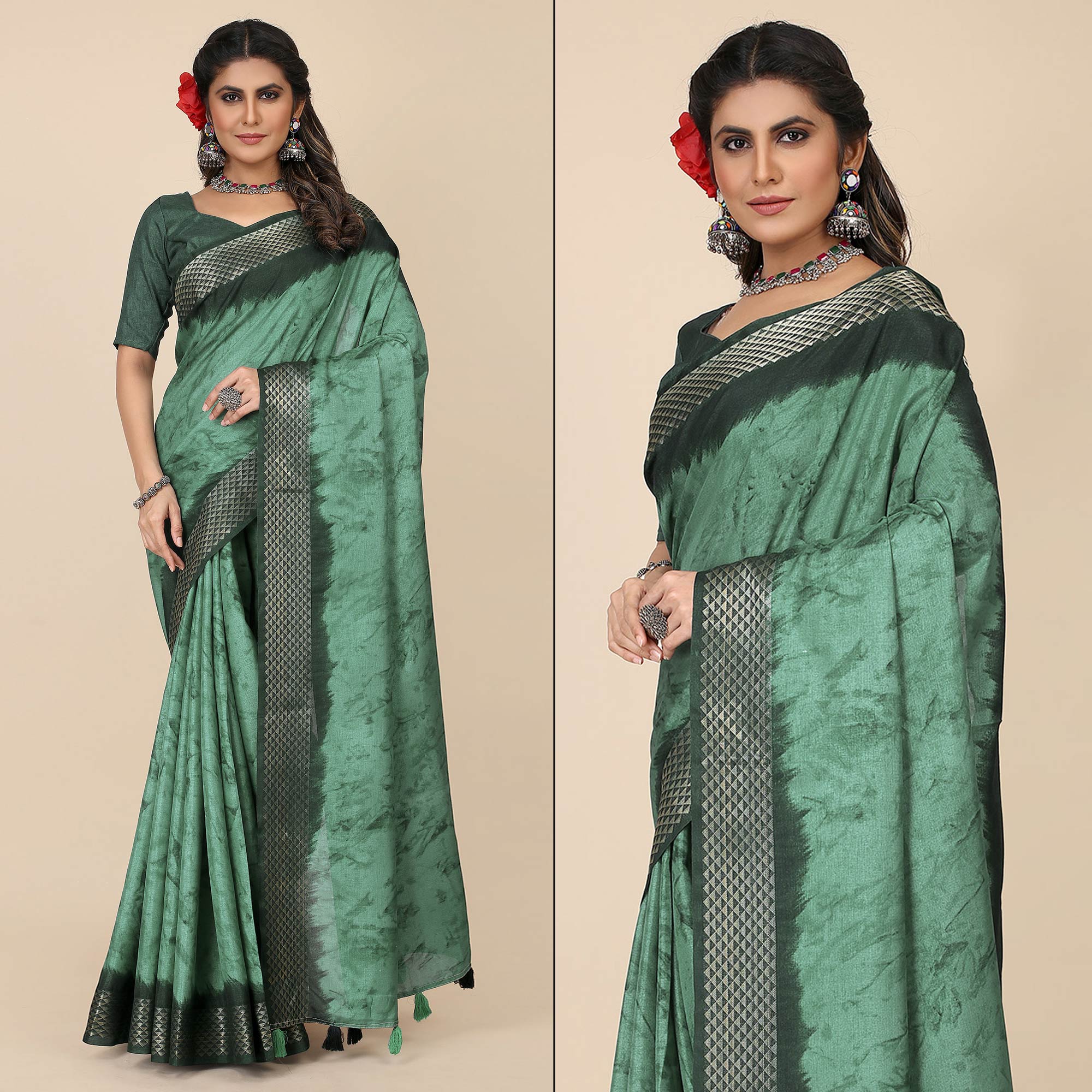 Turquoise Printed Cotton Silk Saree With Zari Border