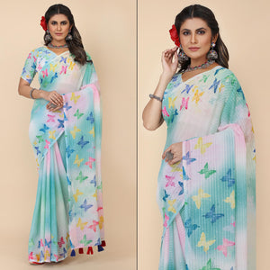 Blue Digital Printed With Sequins Work Georgette Saree