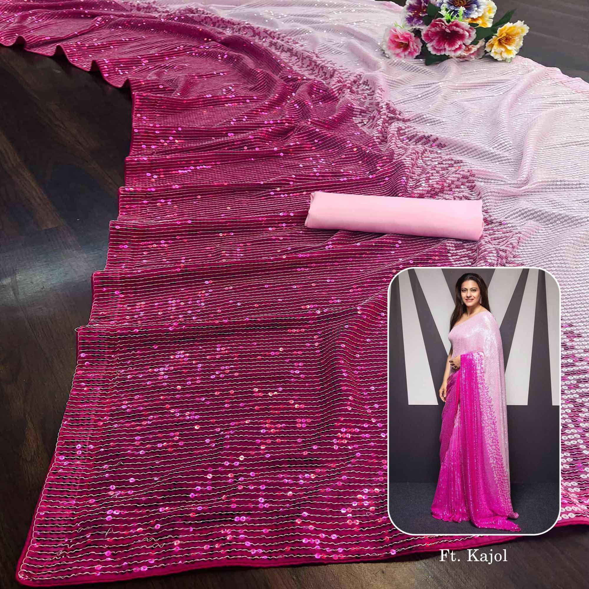 Pink Sequins Digital print Georgette Saree