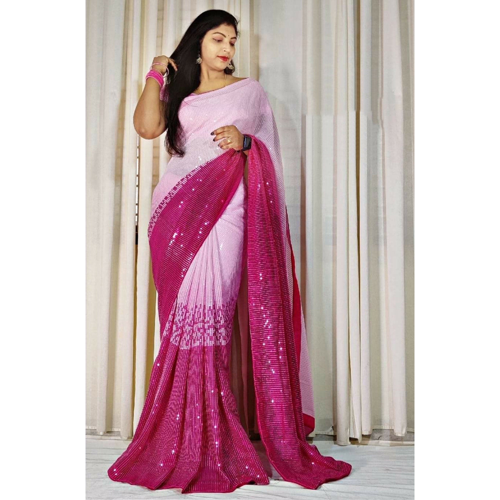 Pink Sequins Digital print Georgette Saree