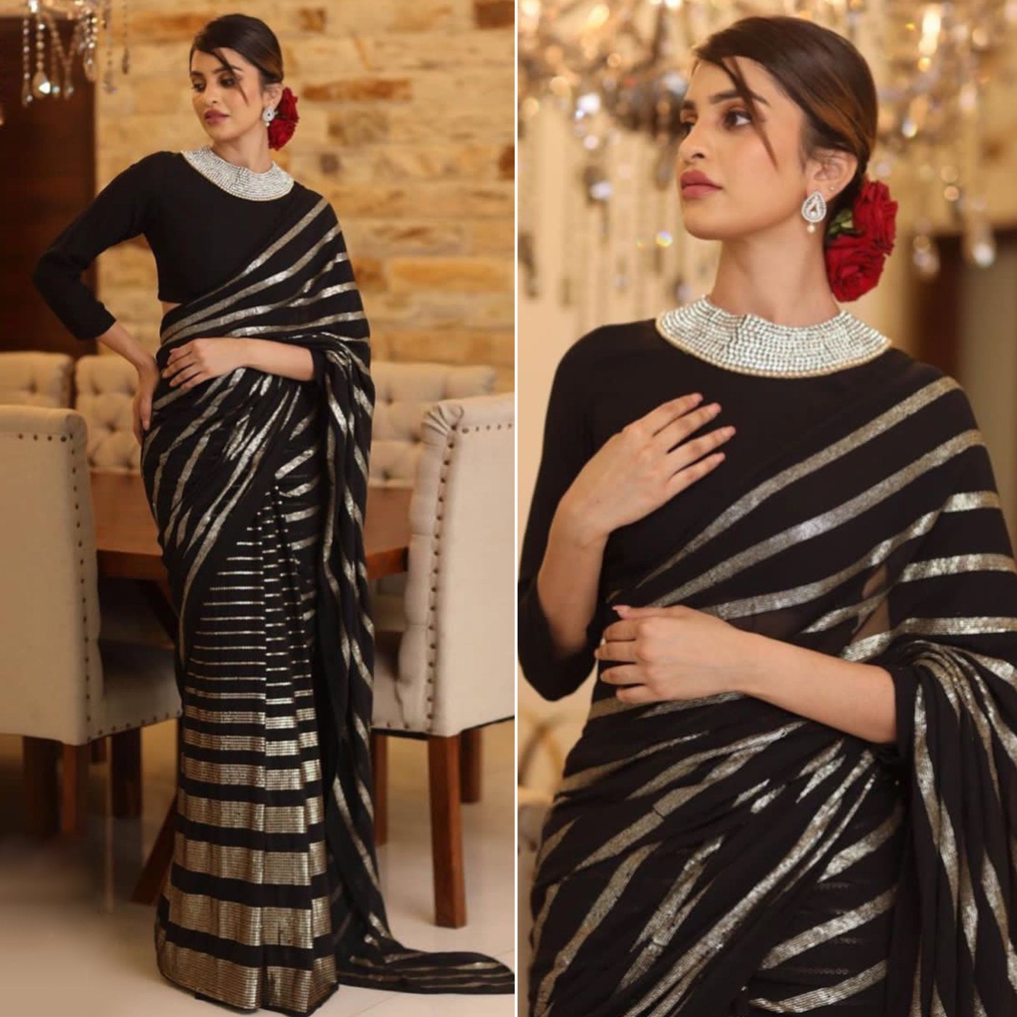 Black Sequins Embroidered Georgette Saree