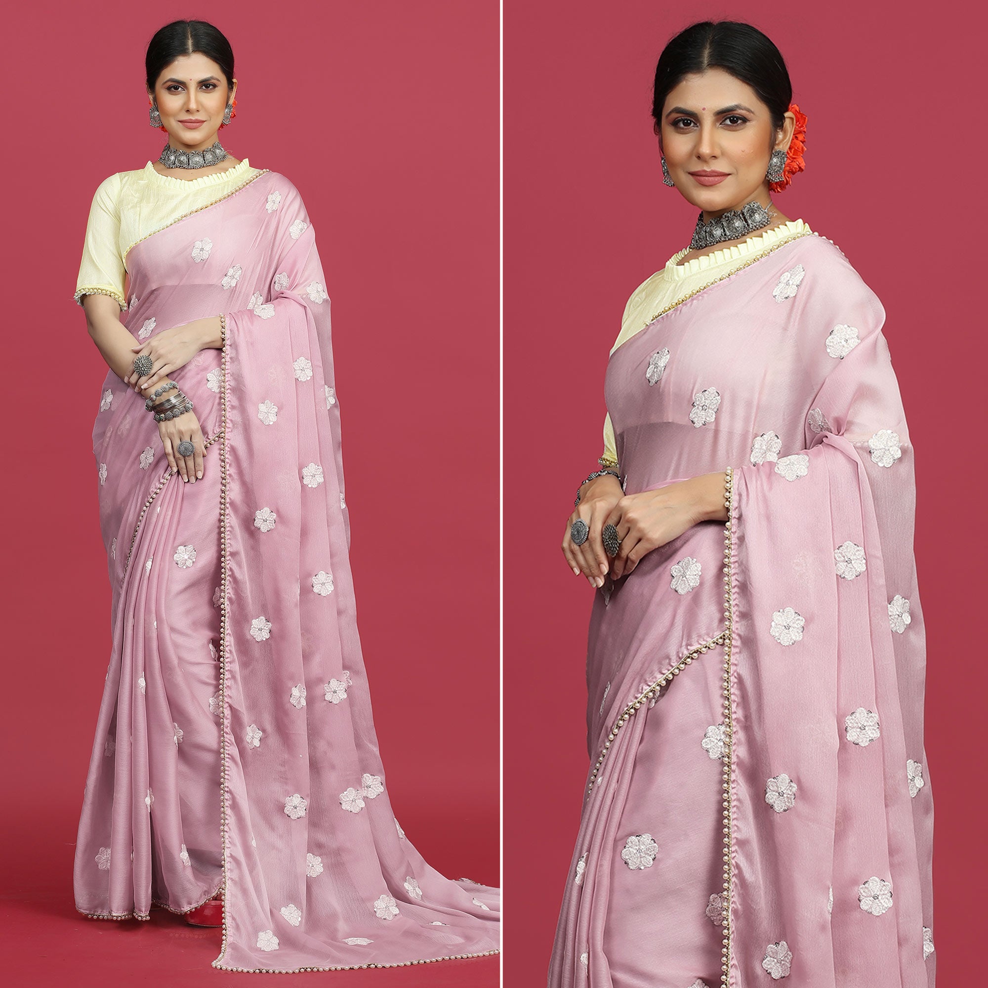 Pink Floral Embroidered Chiffon Saree