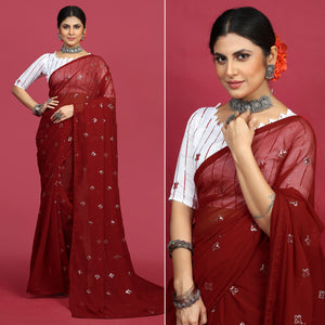Maroon Sequins Embroidered Georgette Saree