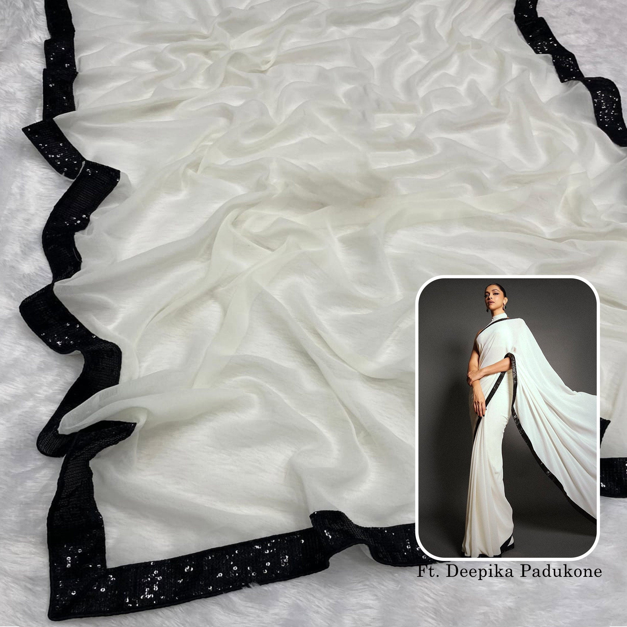 White Solid With Embroidered Border Georgette Saree