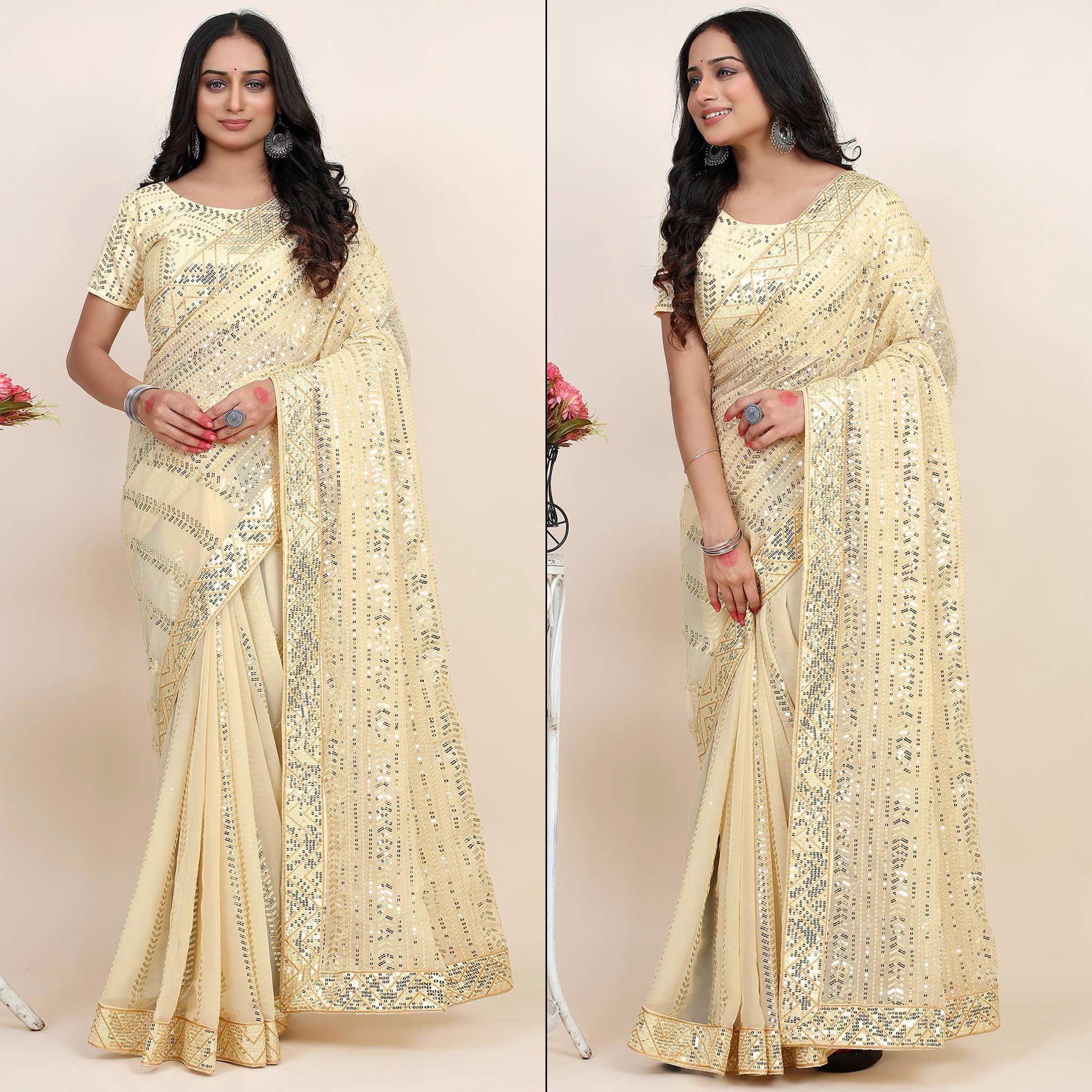 Light Chikoo Sequins Embroidered Georgette Saree