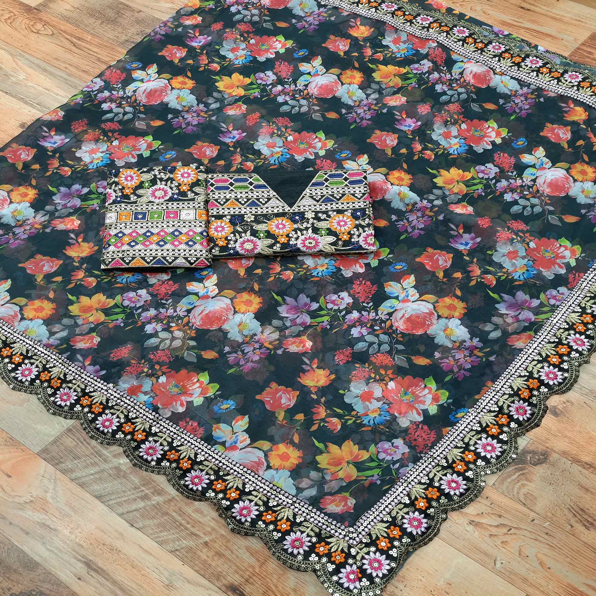 Black Floral Digital Printed Georgette Saree With Embroidered Border