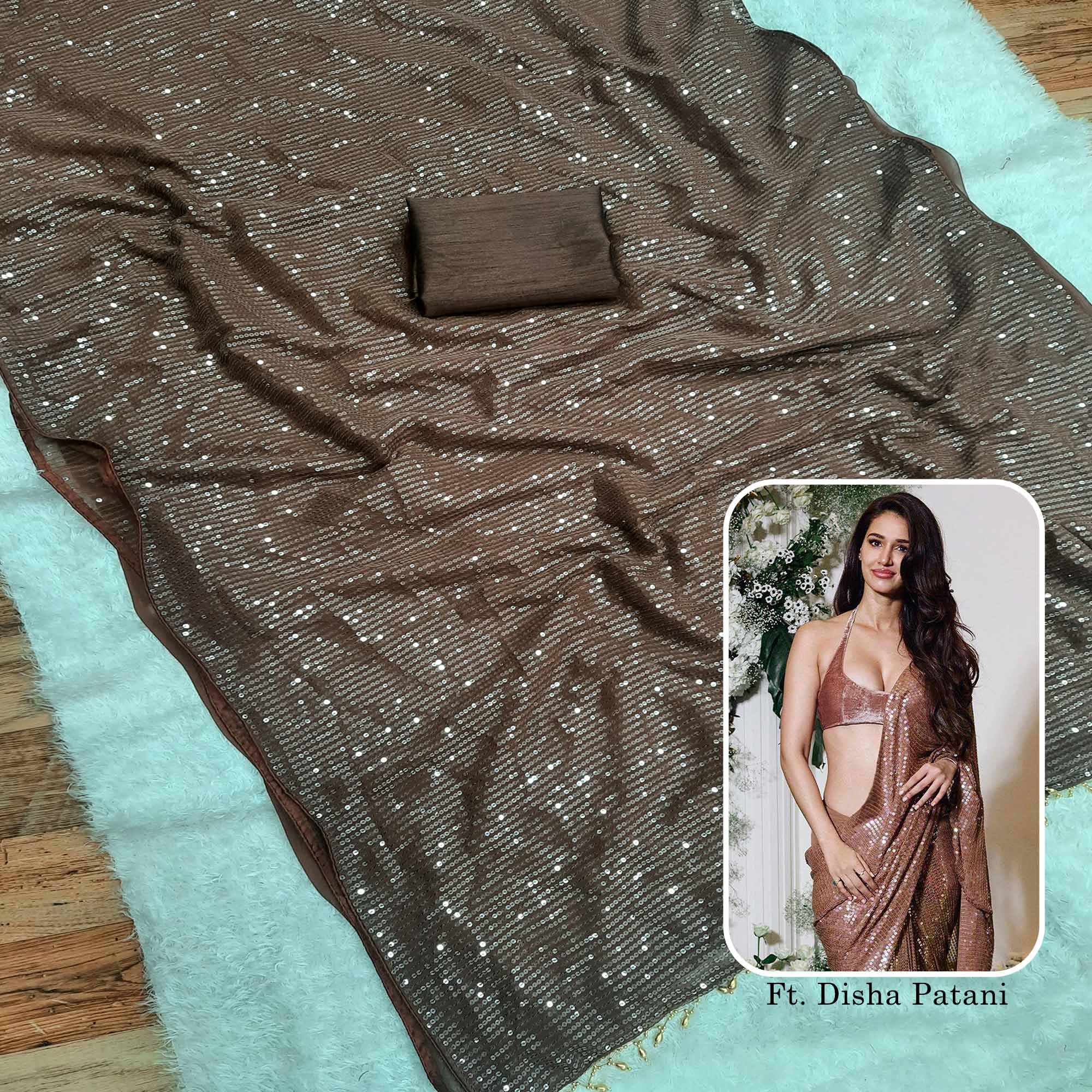 Brown Sequins Embroidered Grorgette Saree