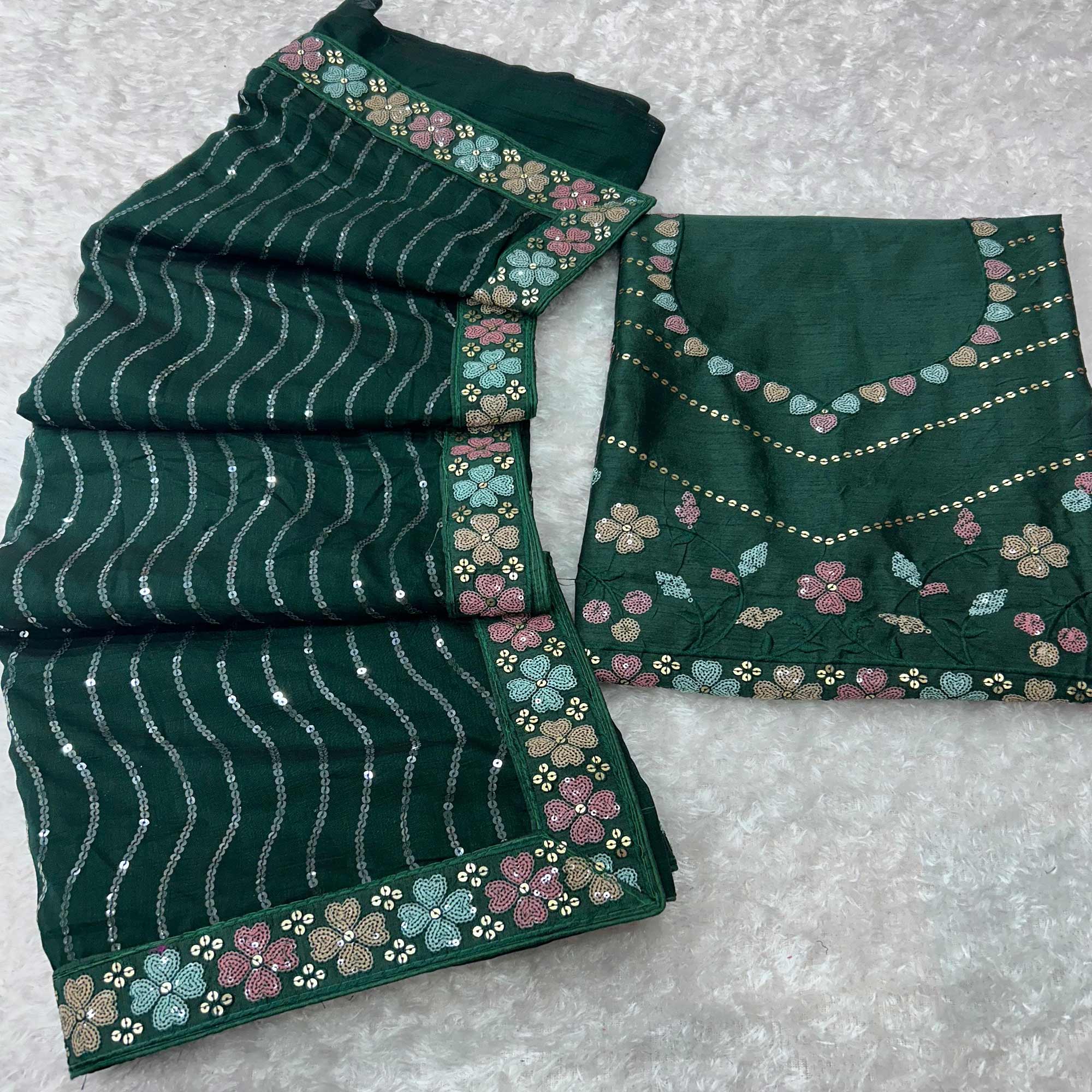 Green Sequins Embroidered Vichitra Silk Saree