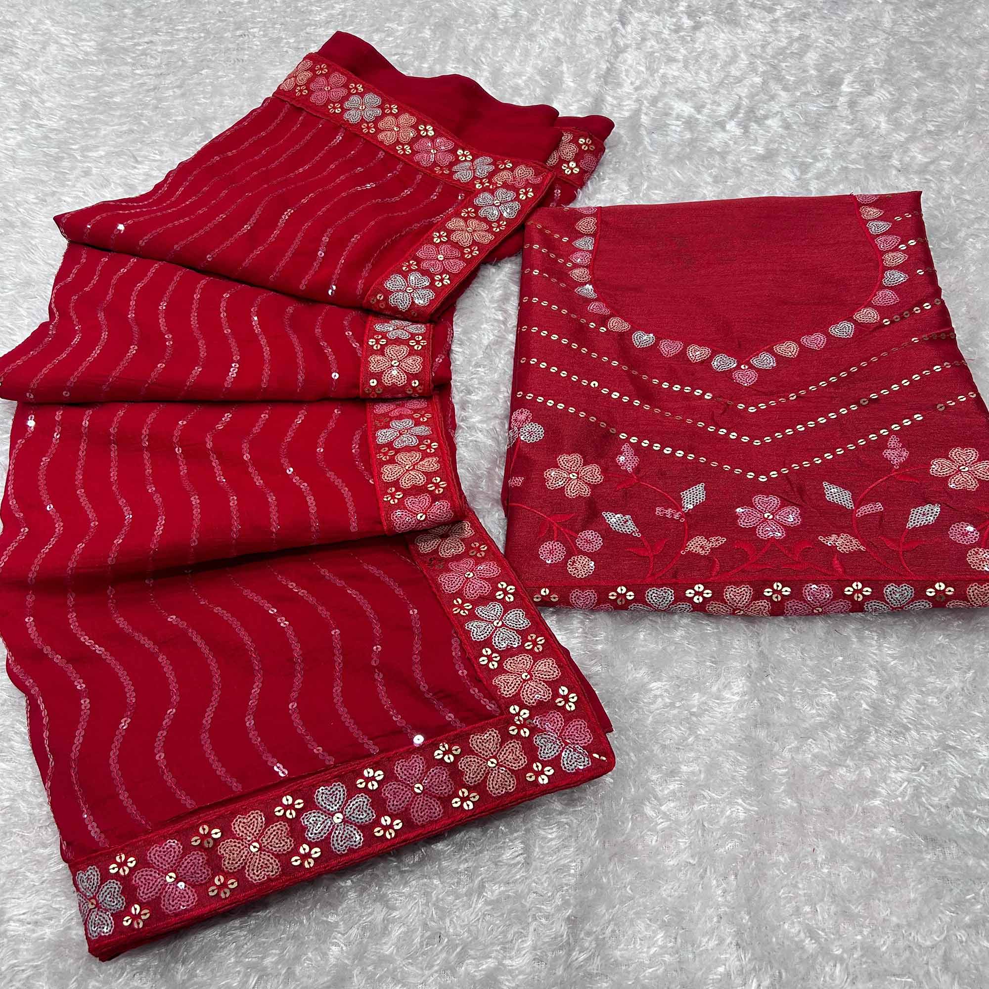 Red Sequins Embroidered Vichitra Silk Saree