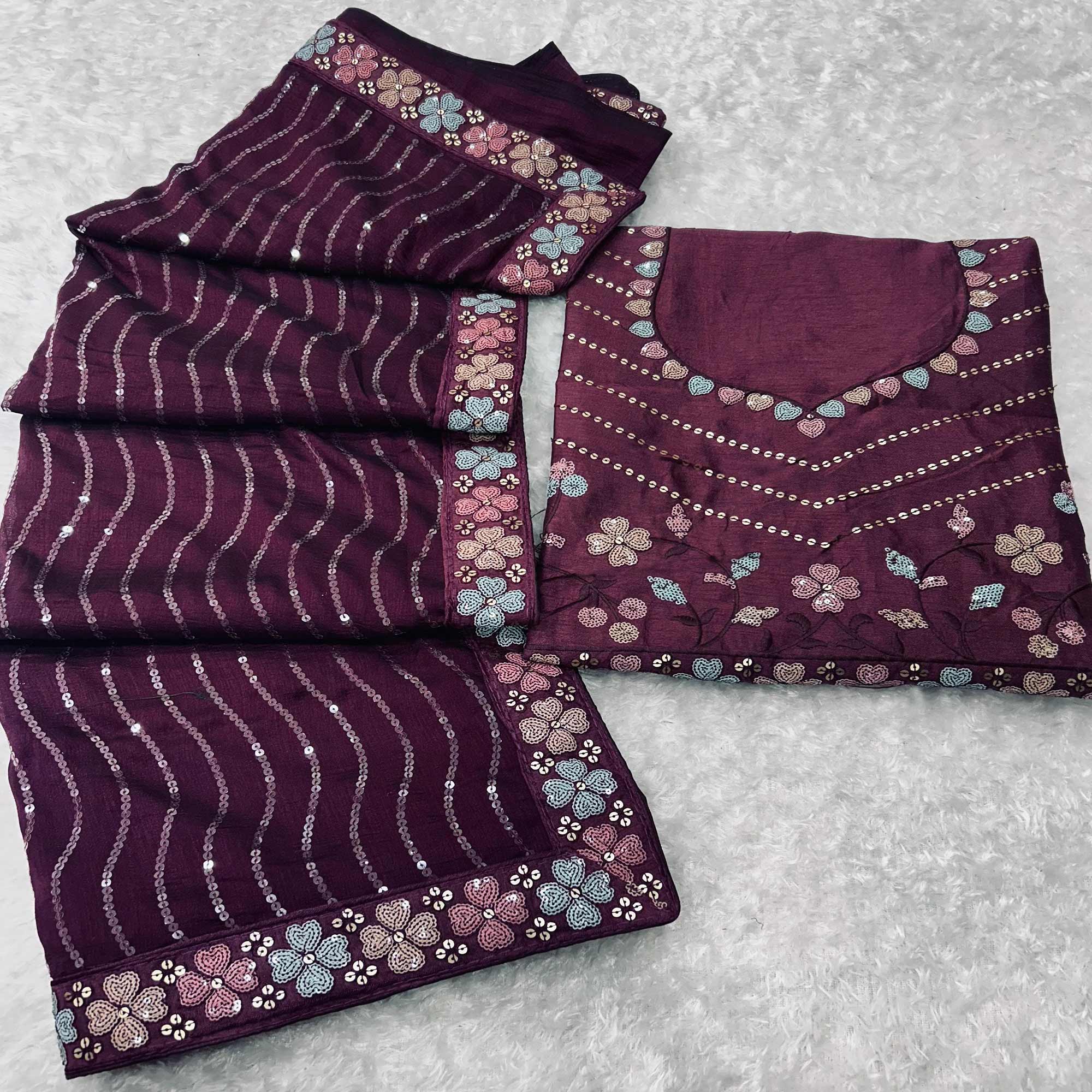 Wine Sequins Embroidered Vichitra Silk Saree