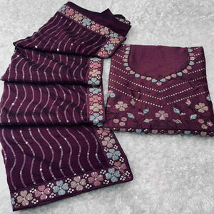 Wine Sequins Embroidered Vichitra Silk Saree