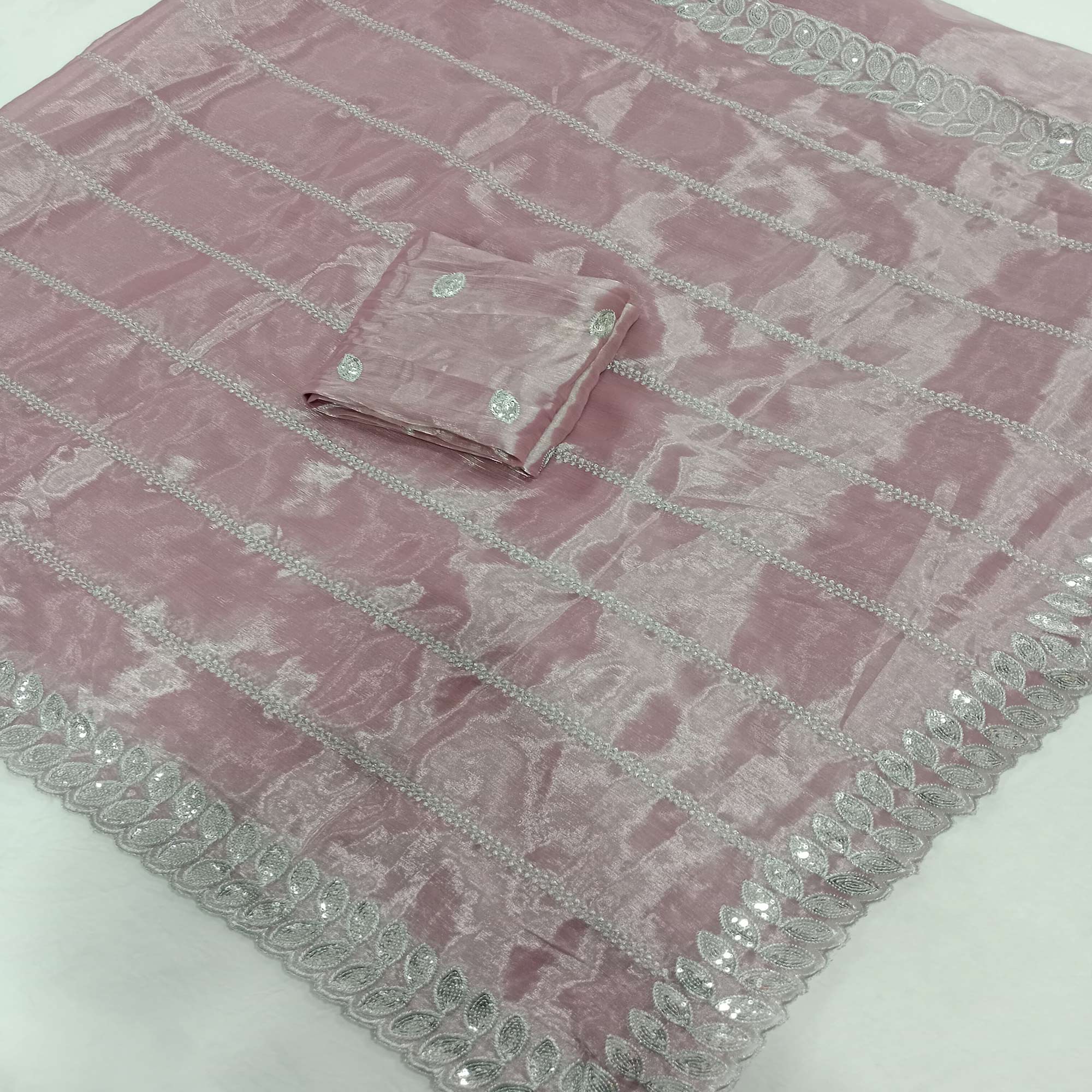 Light Mauve Embroidered Chiffon Saree With Sequins Border