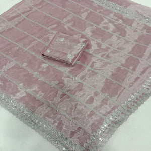 Light Mauve Embroidered Chiffon Saree With Sequins Border