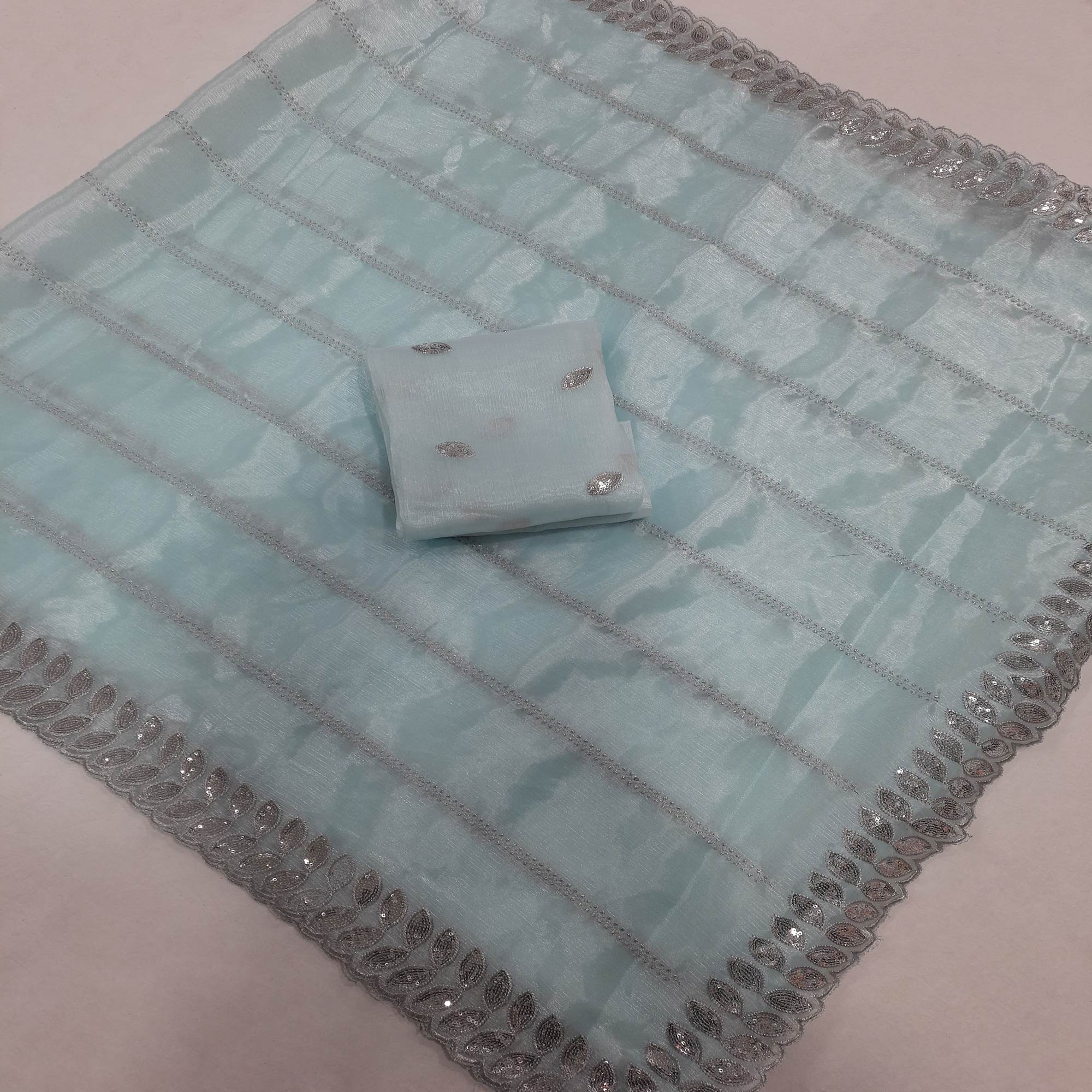 Sky Blue Embroidered Chiffon Saree With Sequins Border