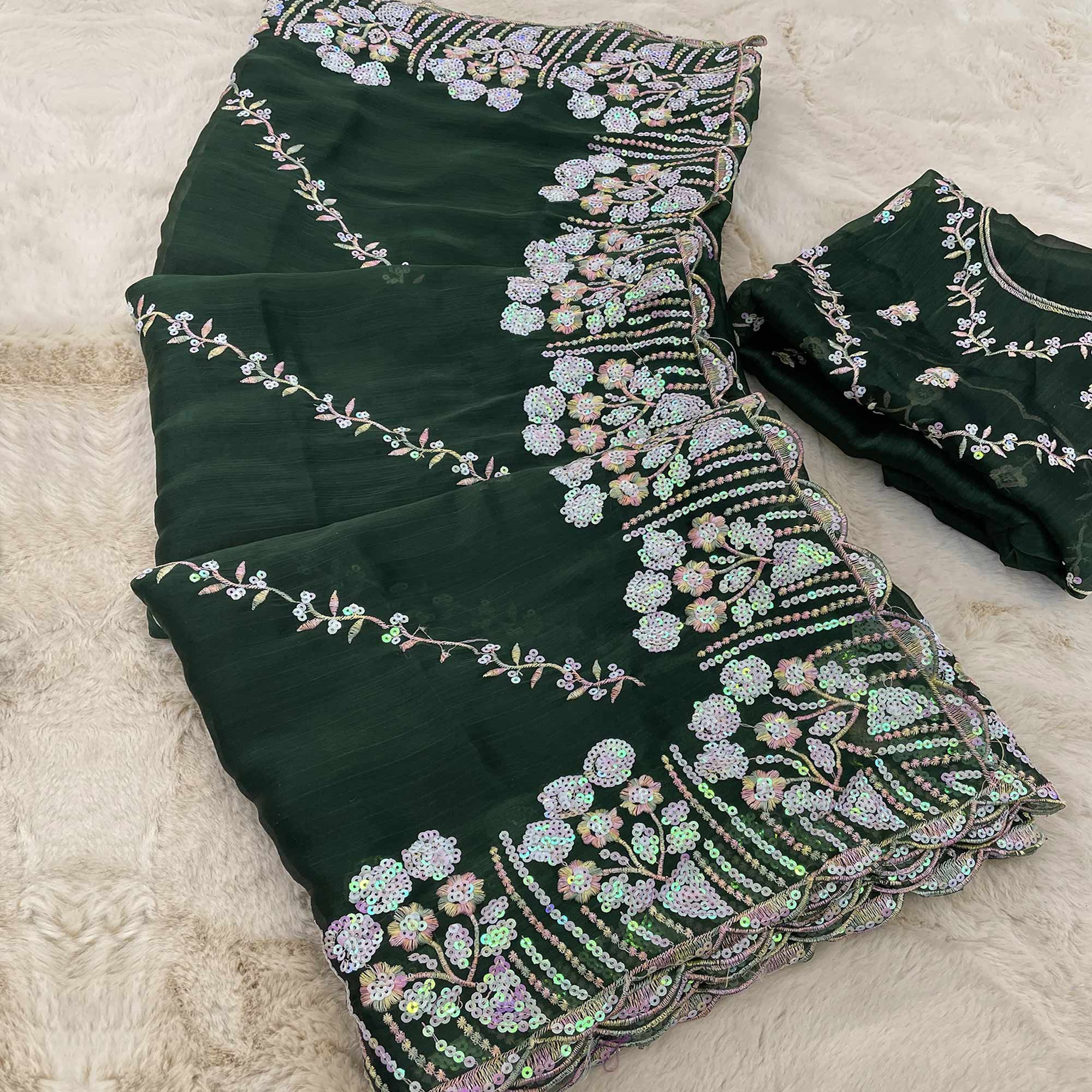 Green Sequins Embroidered Chiffon Saree