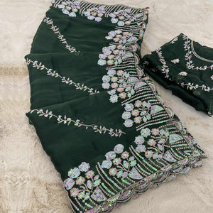 Green Sequins Embroidered Chiffon Saree