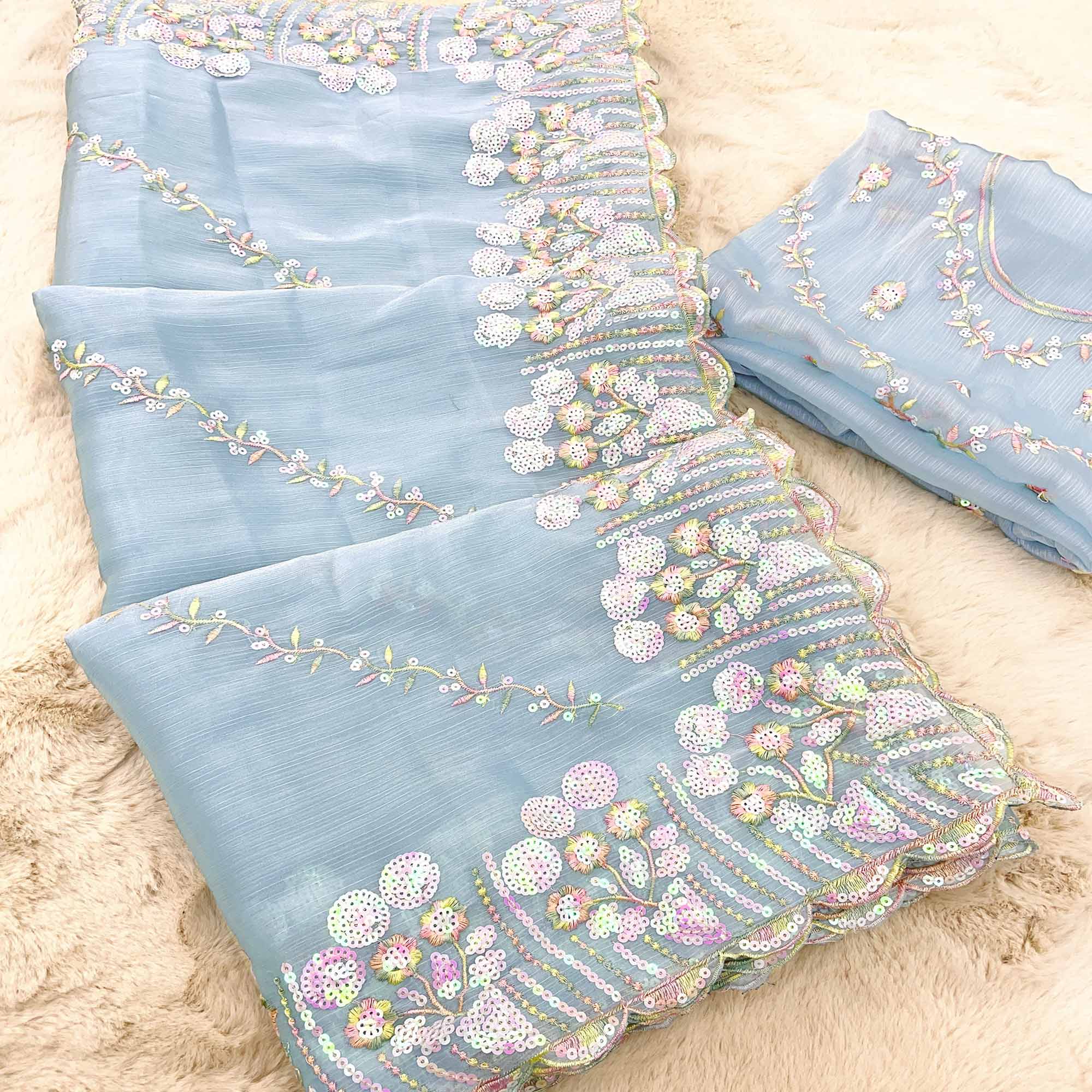 Sky Blue Sequins Embroidered Chiffon Saree