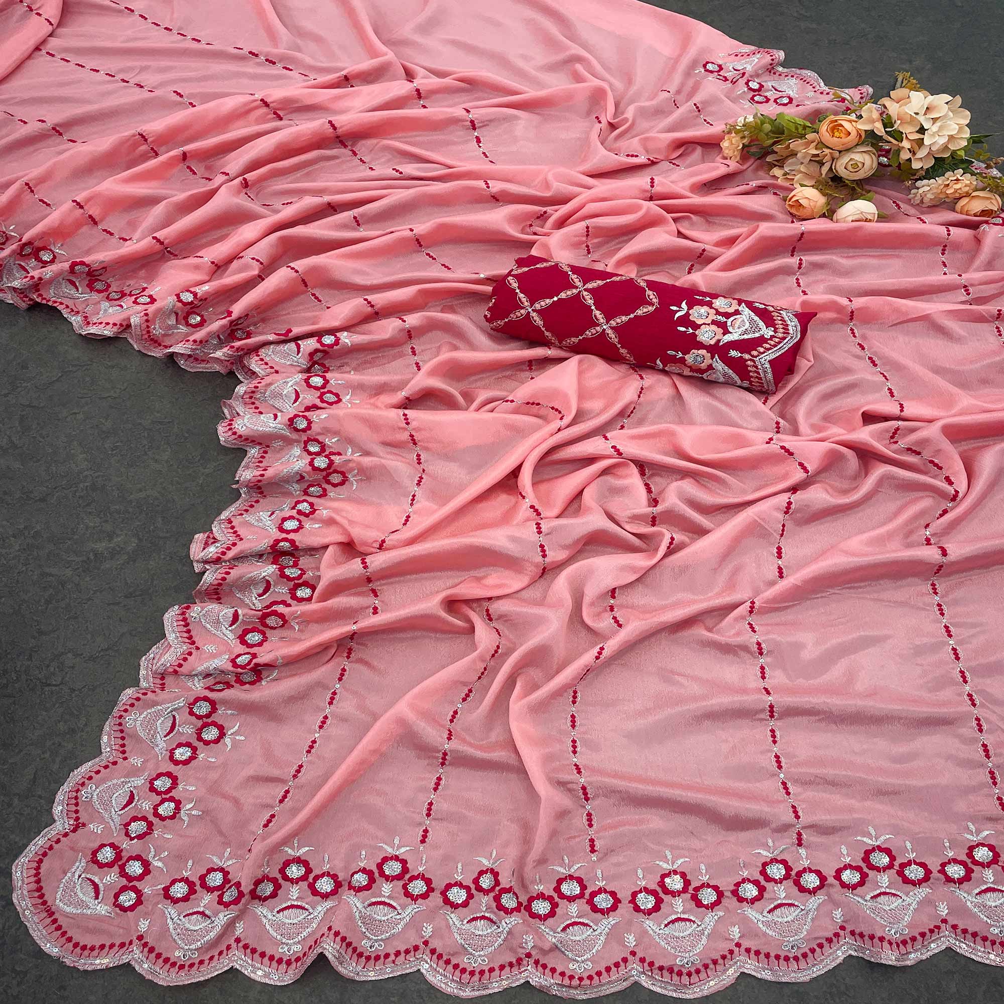 Peach Sequins Embroidered Chinon Saree