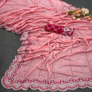 Peach Sequins Embroidered Chinon Saree