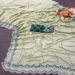 Pista Green Sequins Embroidered Chinon Saree