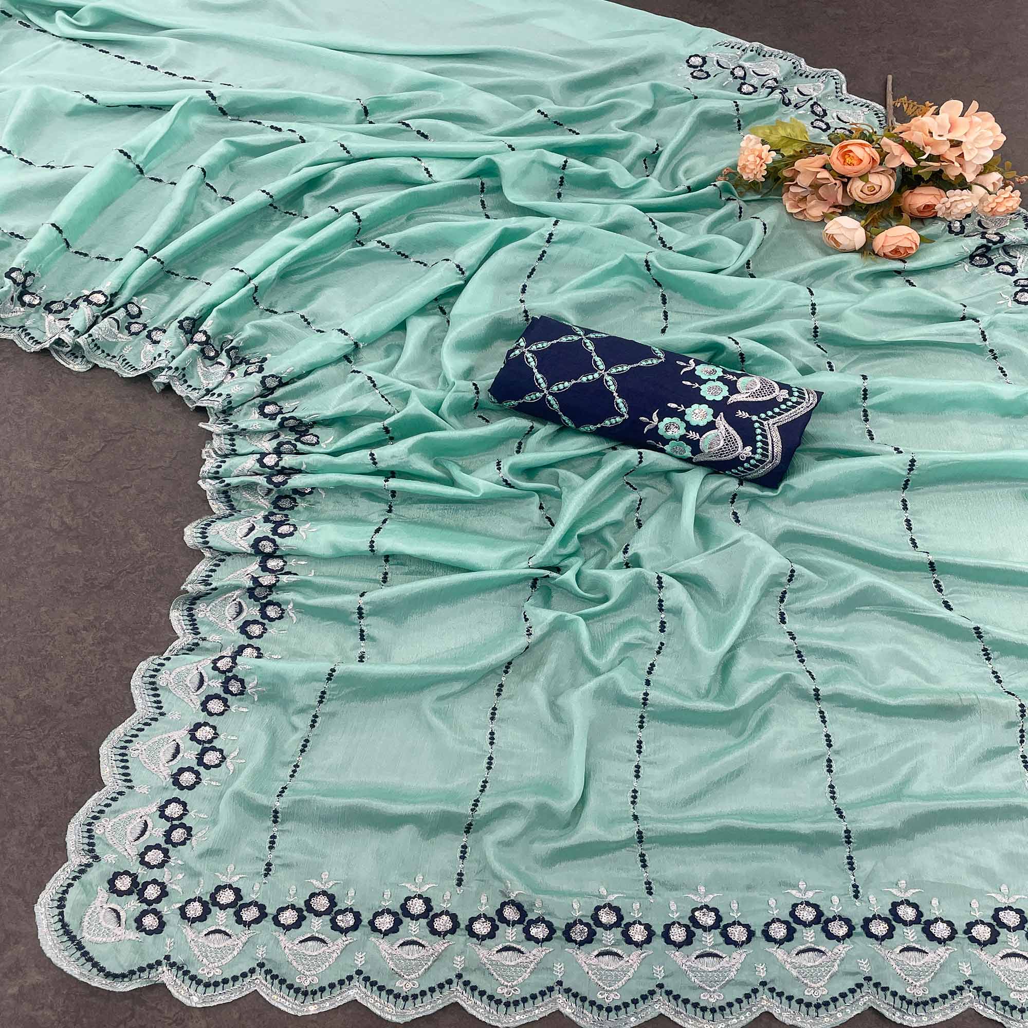 Turquoise Sequins Embroidered Chinon Saree