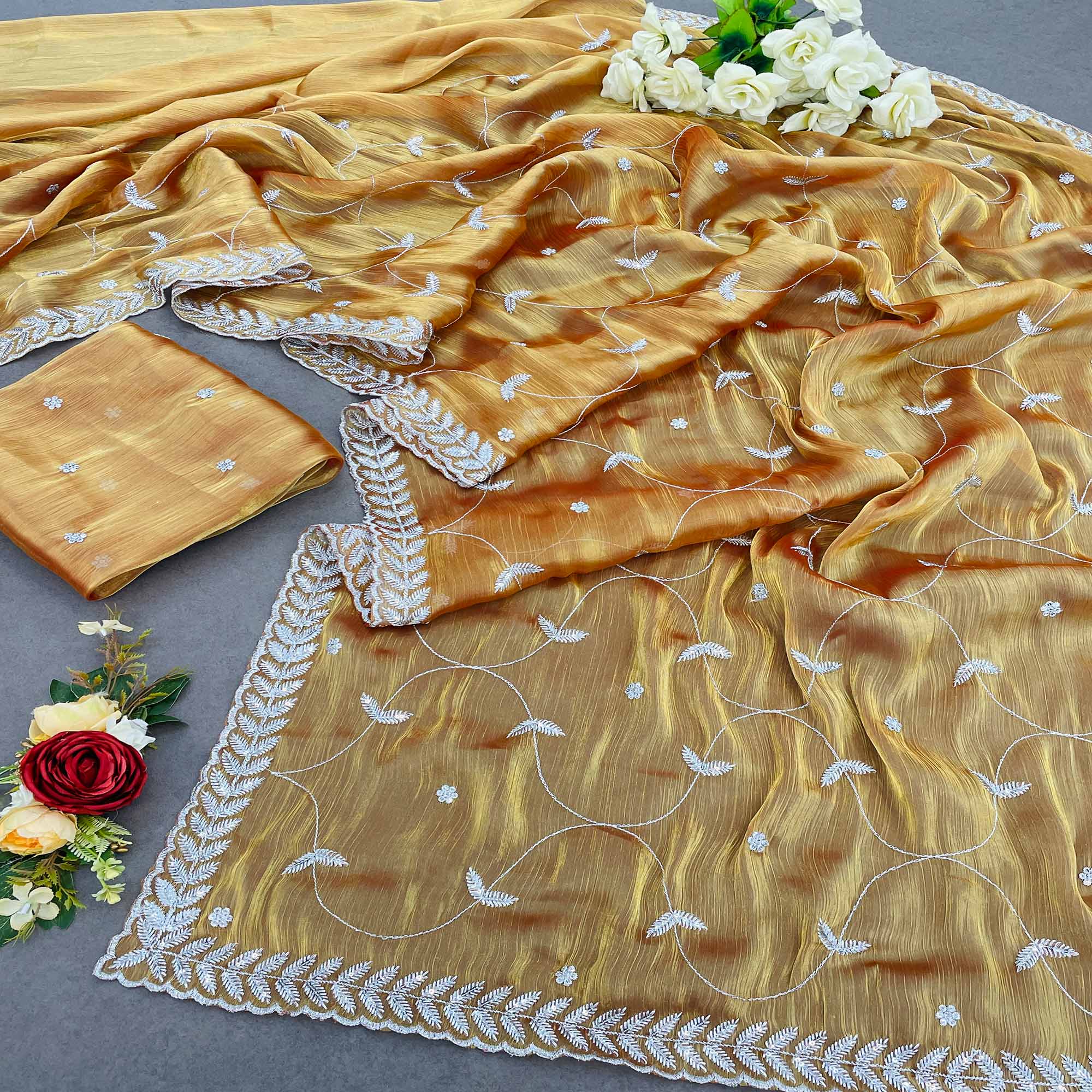 Golden Sequins Embroidered Chiffon Saree