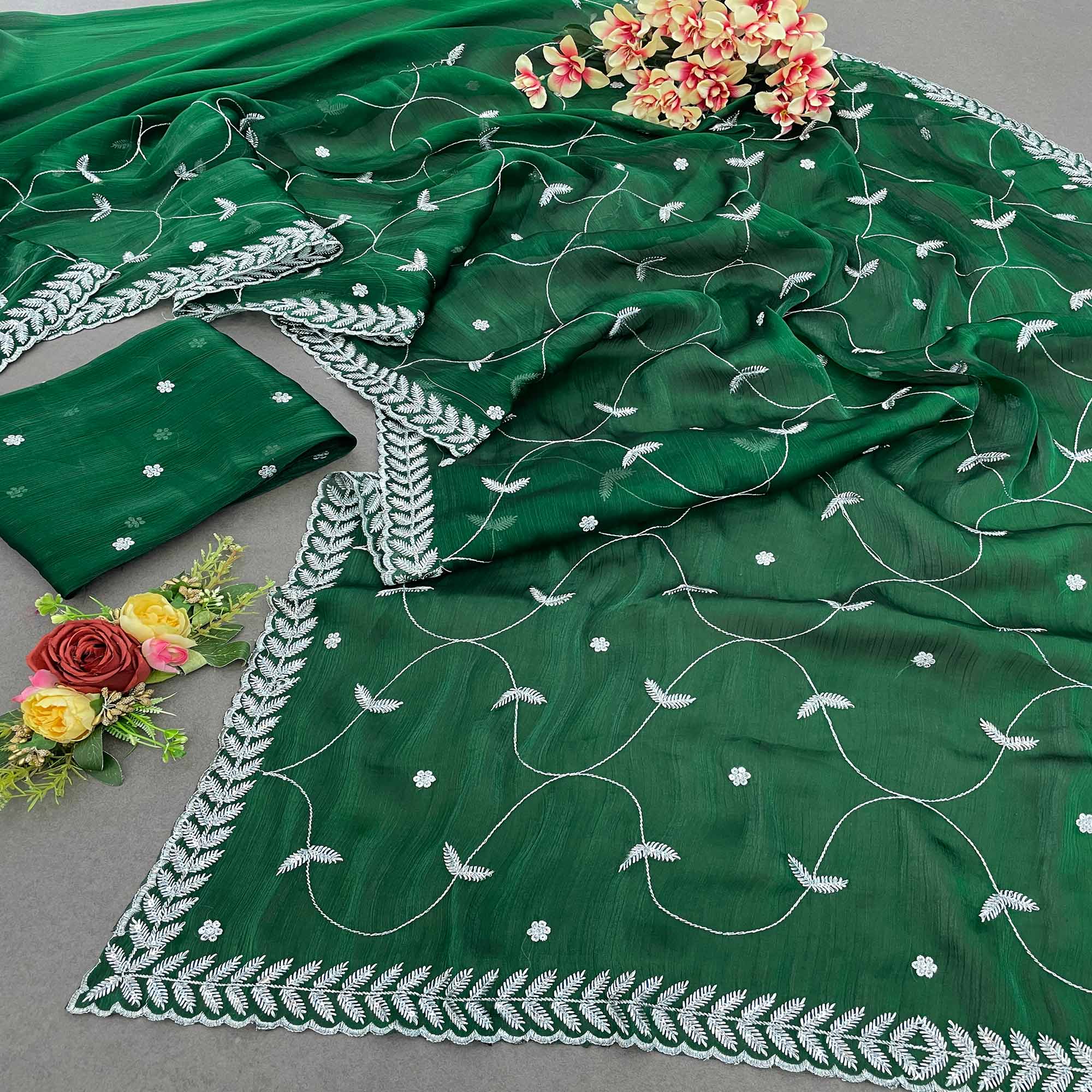 Green Sequins Embroidered Chiffon Silk Saree