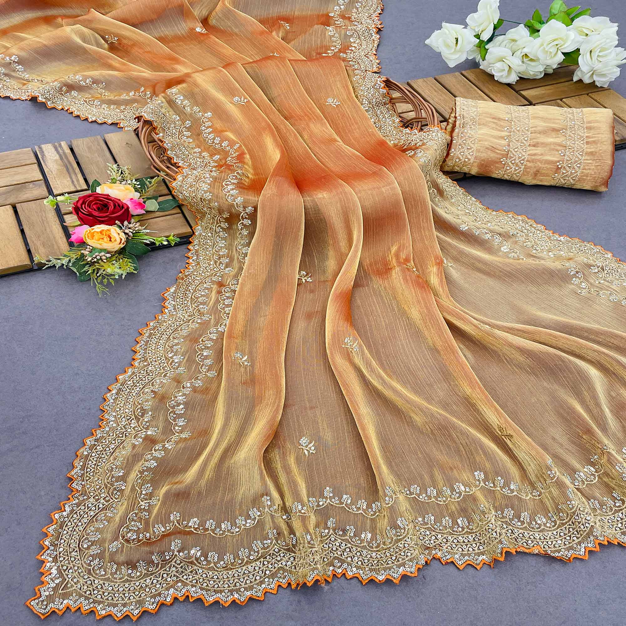 Gold Sequins Embroidered Chiffon Saree