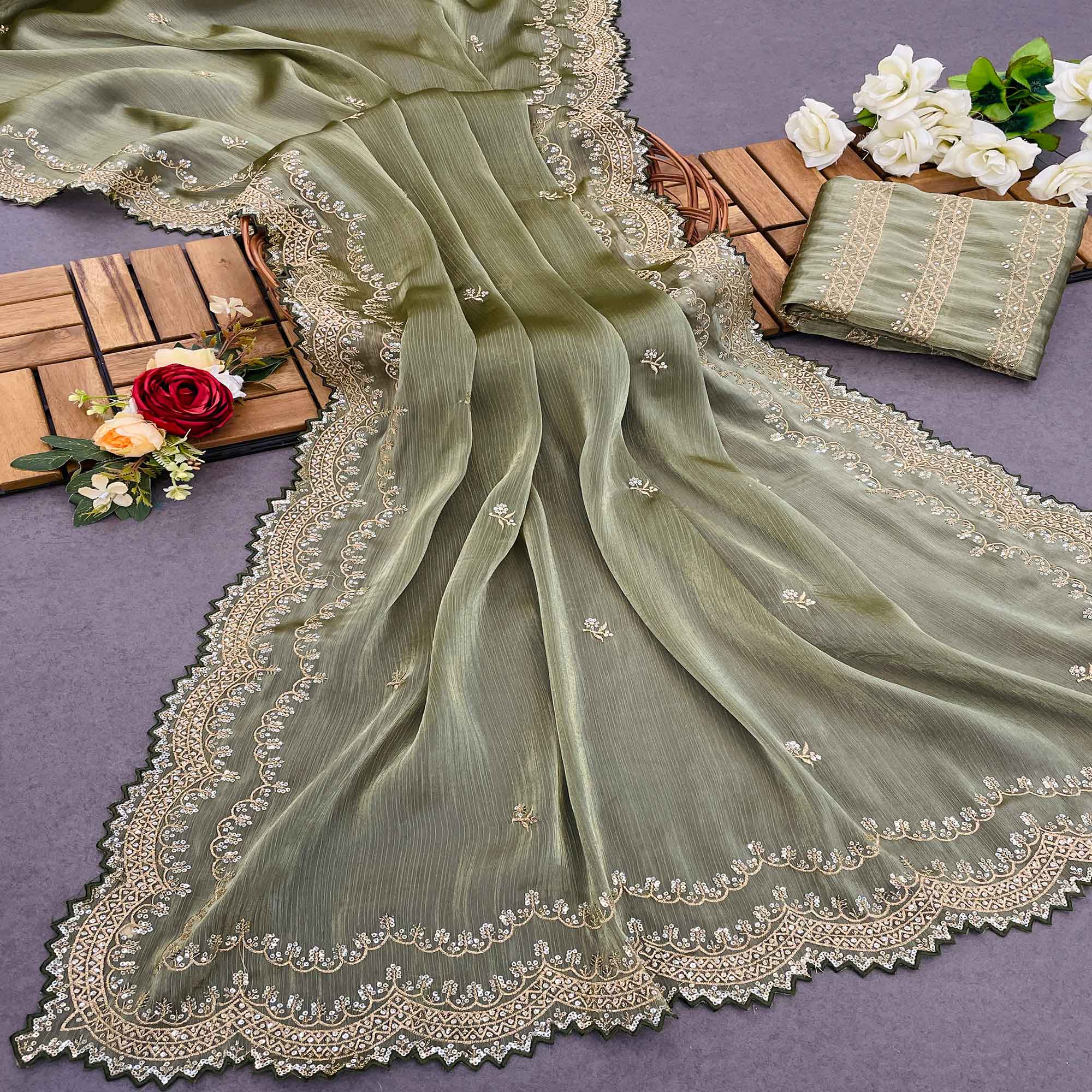 Olive Green Sequins Embroidered Chiffon Saree