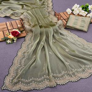 Olive Green Sequins Embroidered Chiffon Saree