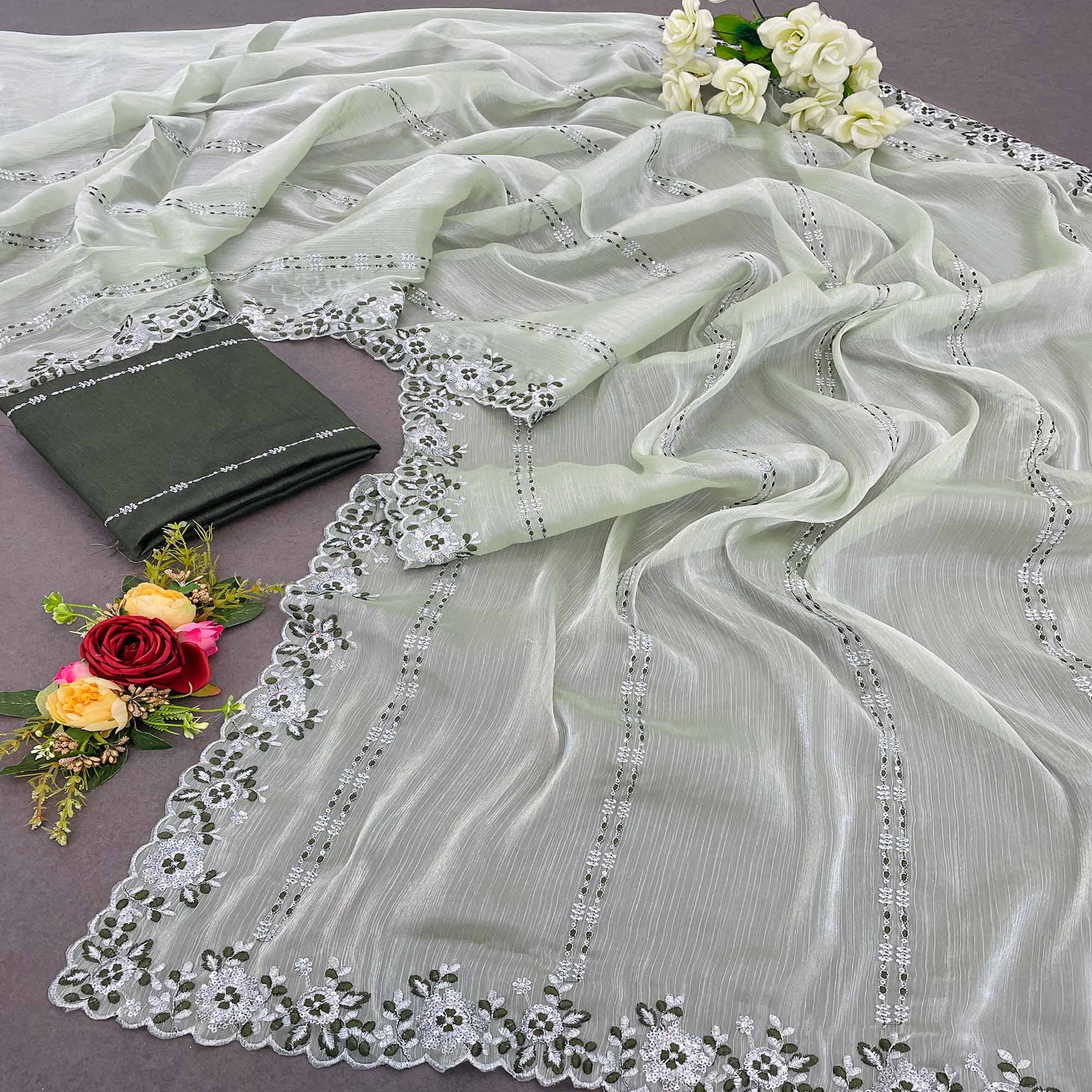 Green Sequins Embroidered Chiffon Saree
