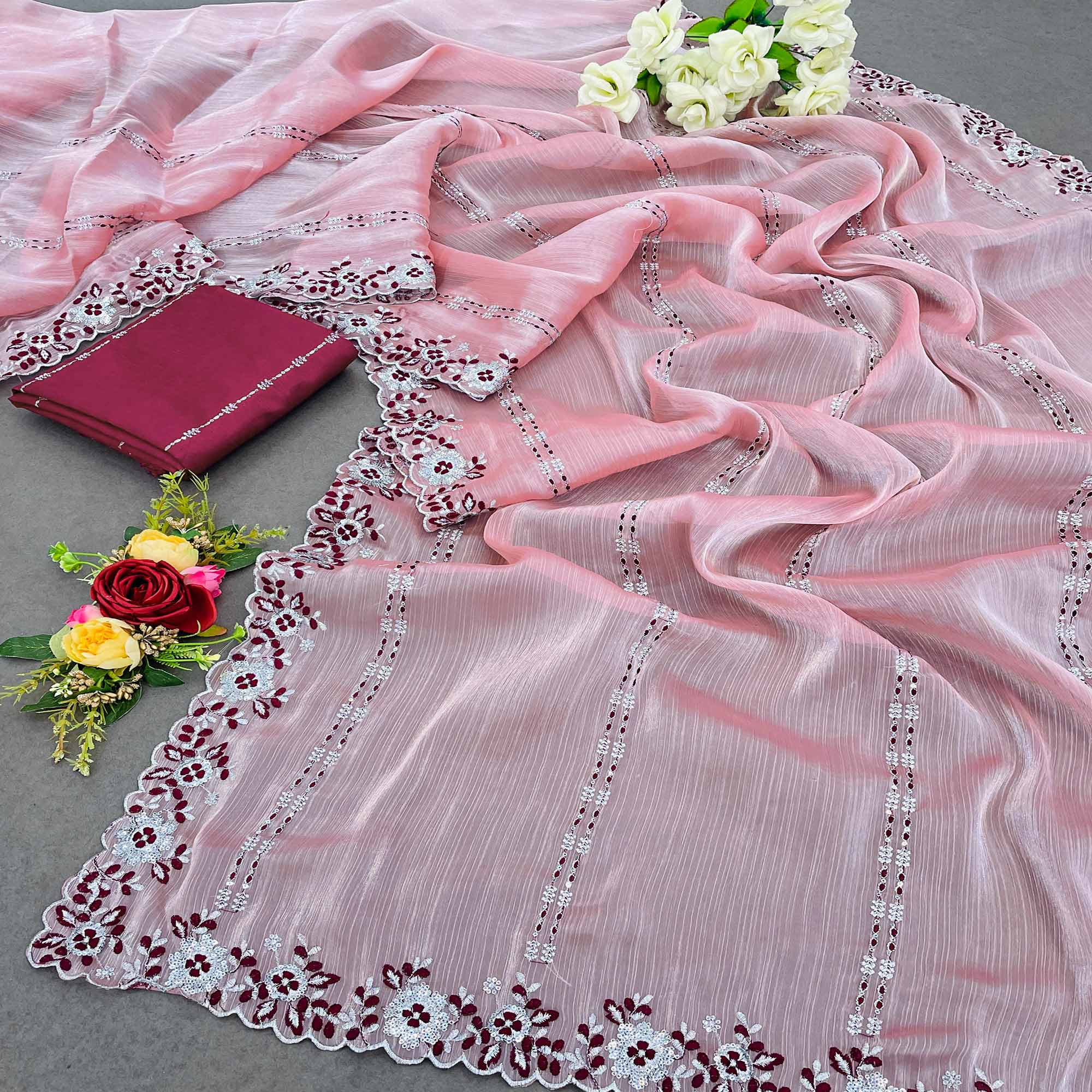 Pink Sequins Embroidered Chiffon Saree