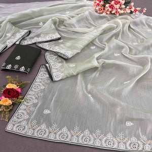 Green Sequins Embroidered Chiffon Silk Saree