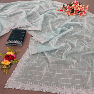 Blue Sequins Embroidered Chiffon Silk Saree