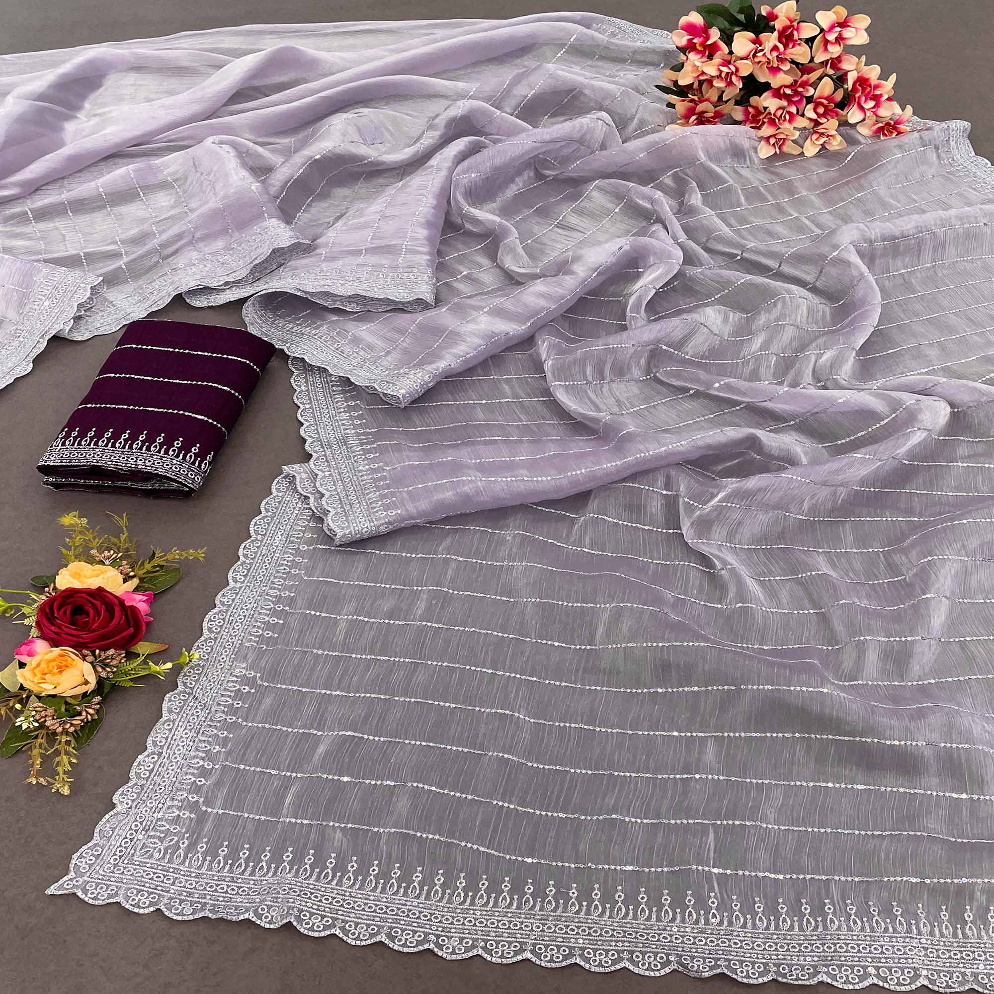 Lavender Sequins Embroidered Chiffon Silk Saree