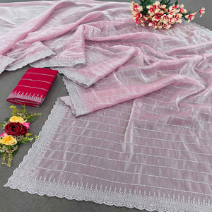 Pink Sequins Embroidered Chiffon Silk Saree