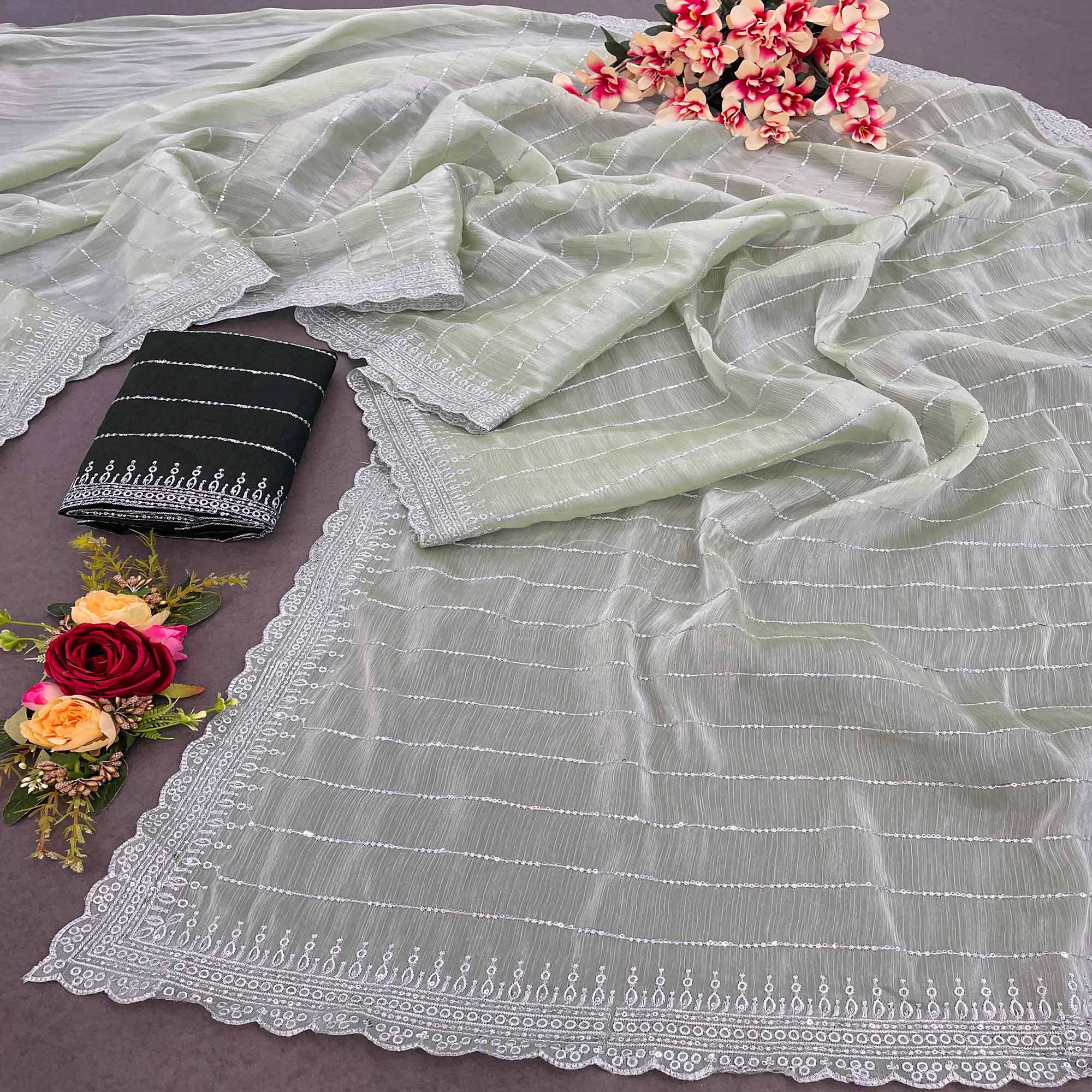 Pista Green Sequins Embroidered Chiffon Silk Saree