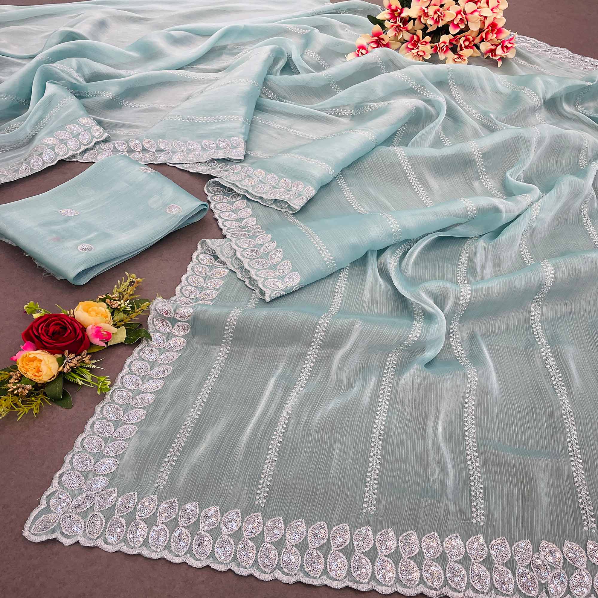 Blue Sequins Embroidered Chiffon Silk Saree