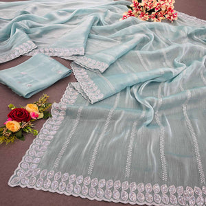 Blue Sequins Embroidered Chiffon Silk Saree