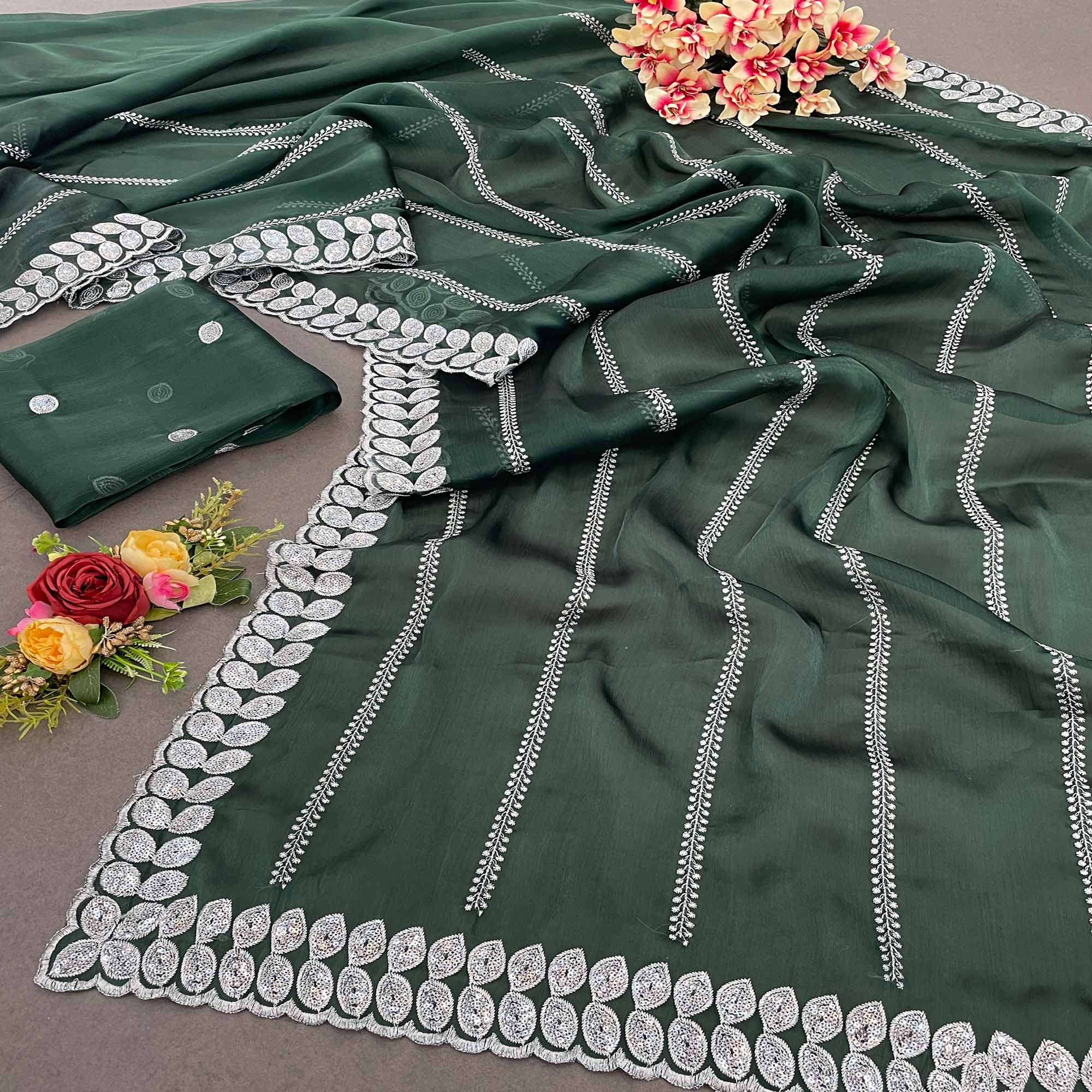 Bottle Green Sequins Embroidered Chiffon Silk Saree