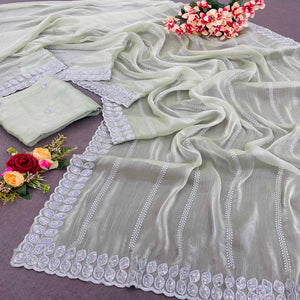 Pista Green Sequins Embroidered Chiffon Silk Saree