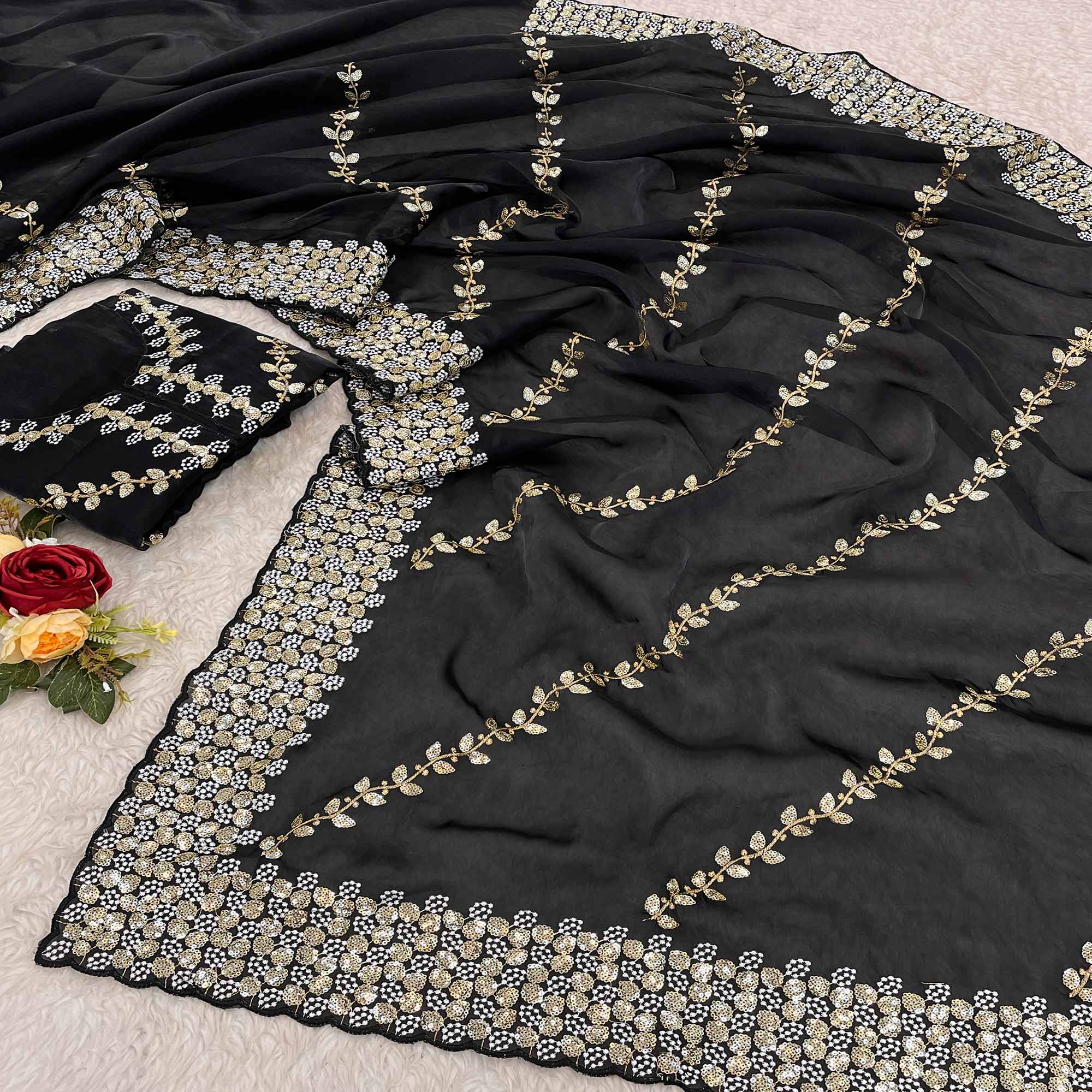 Black Sequins Embroidered Satin Saree