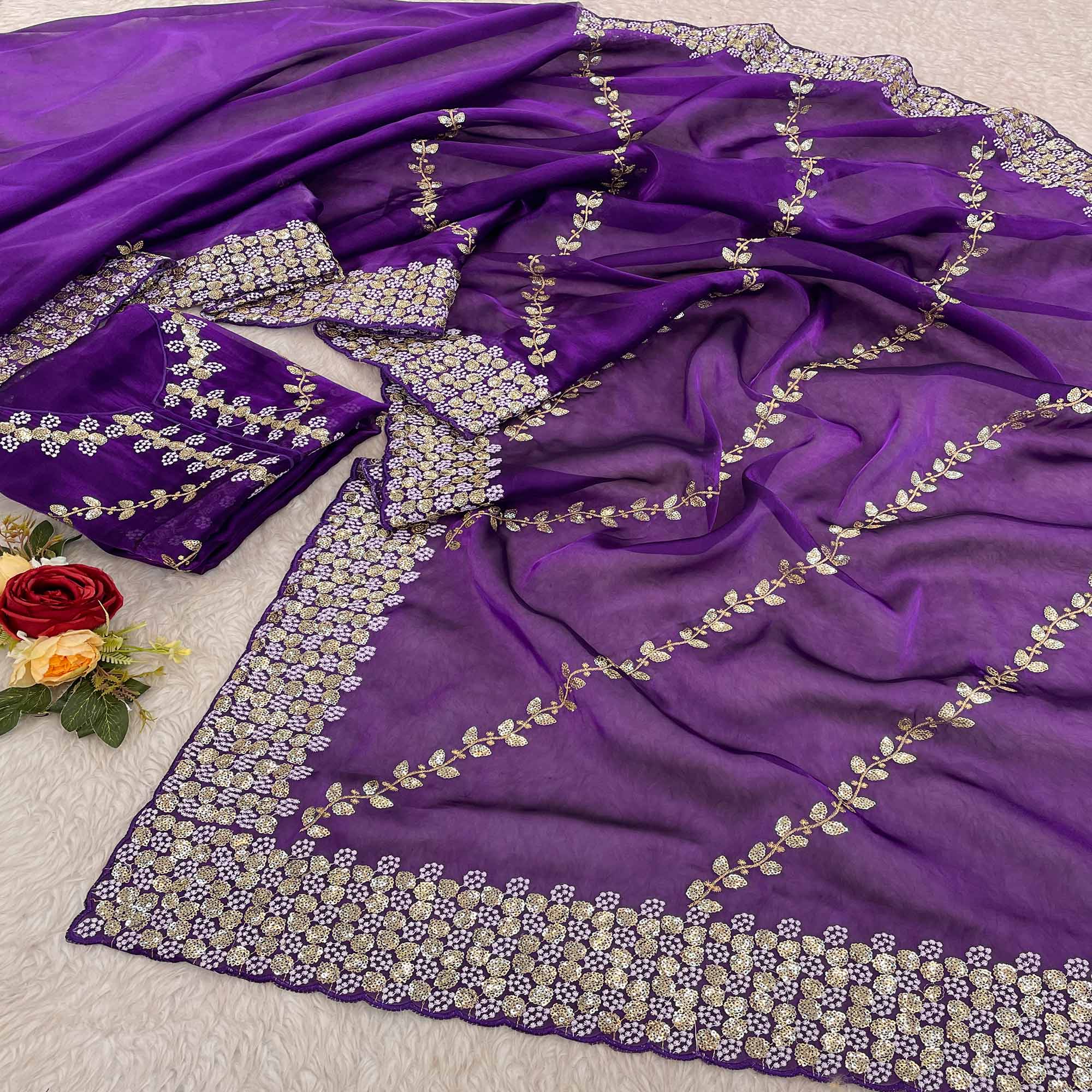 Purple Sequins Embroidered Satin Saree