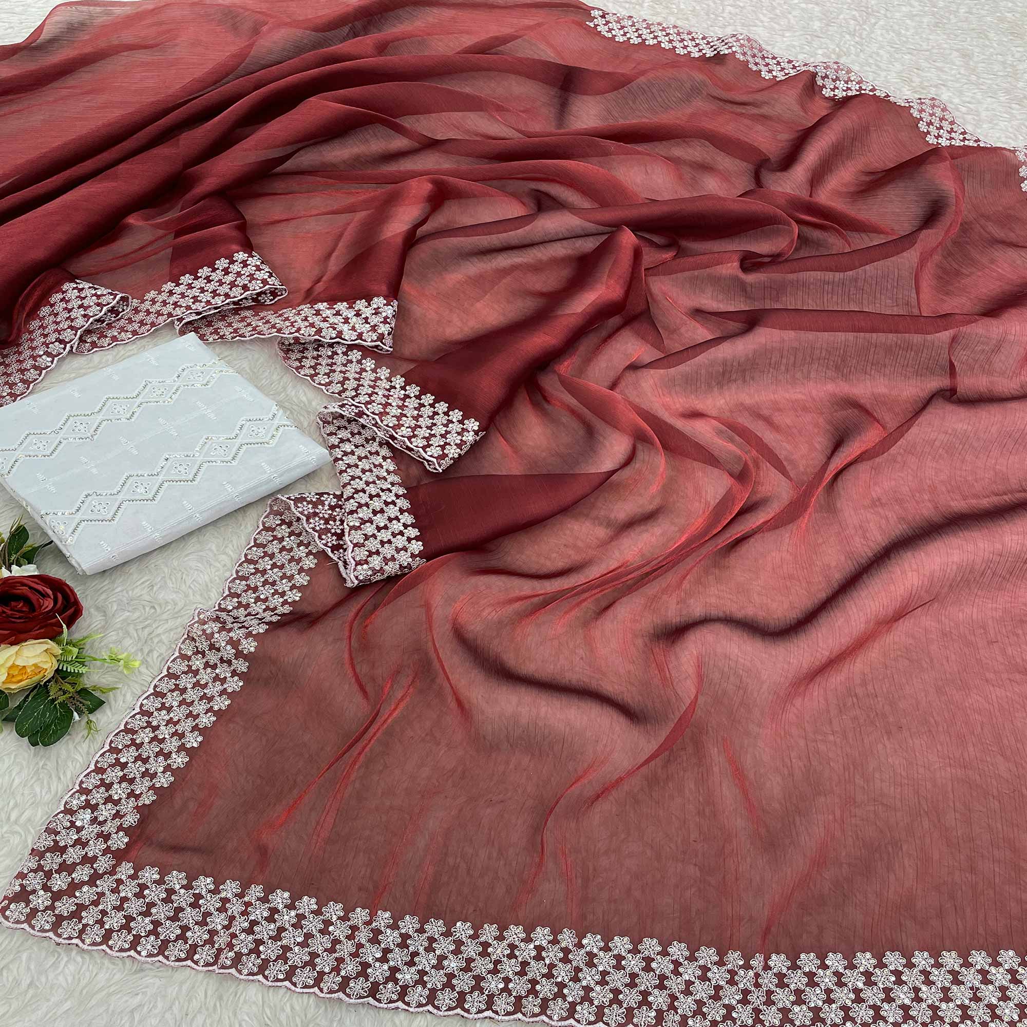 Maroon Sequins Embroidered Chiffon Saree
