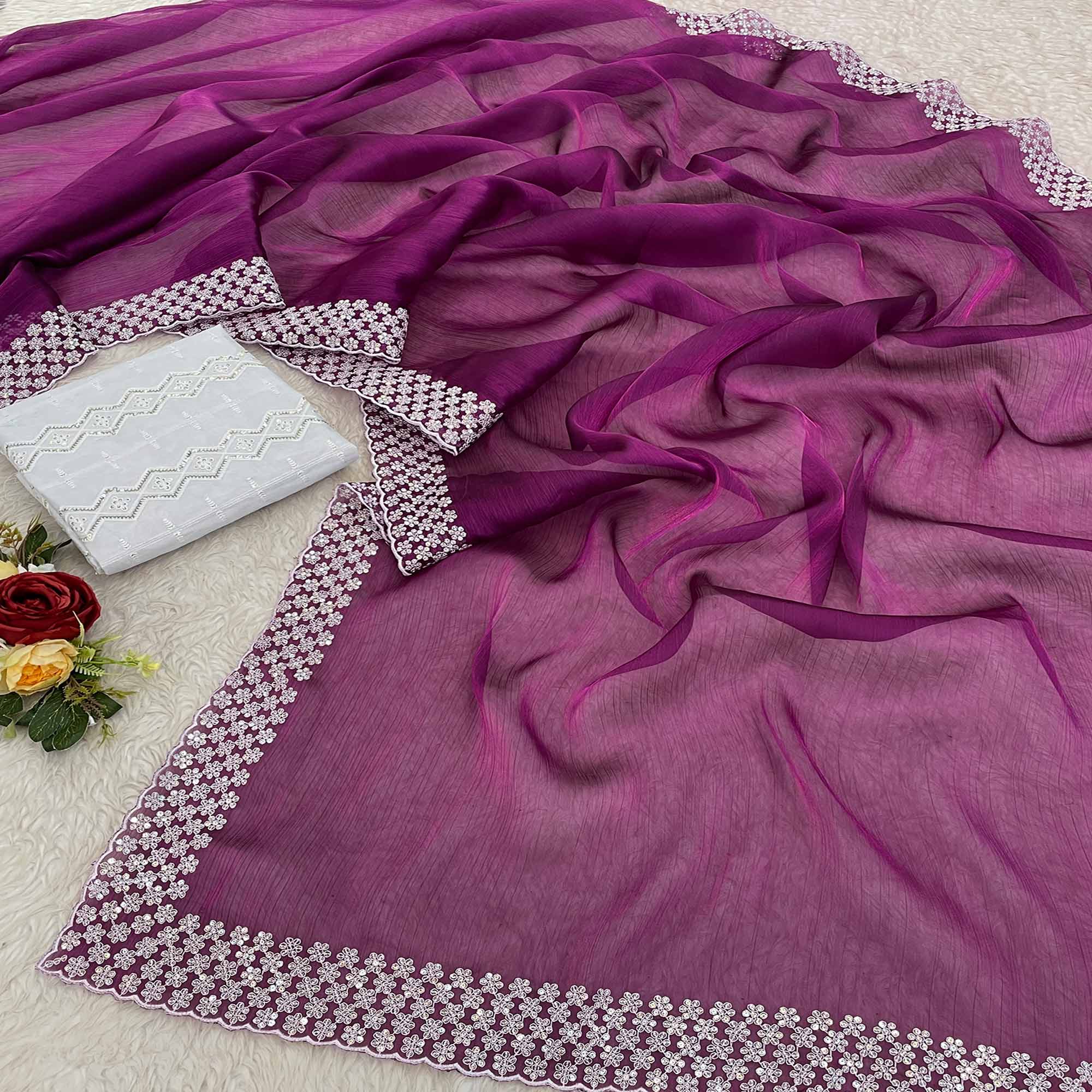 Purple Sequins Embroidered Chiffon Saree