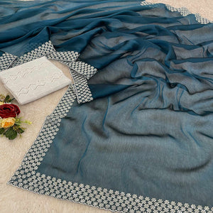 Teal Sequins Embroidered Chiffon Saree